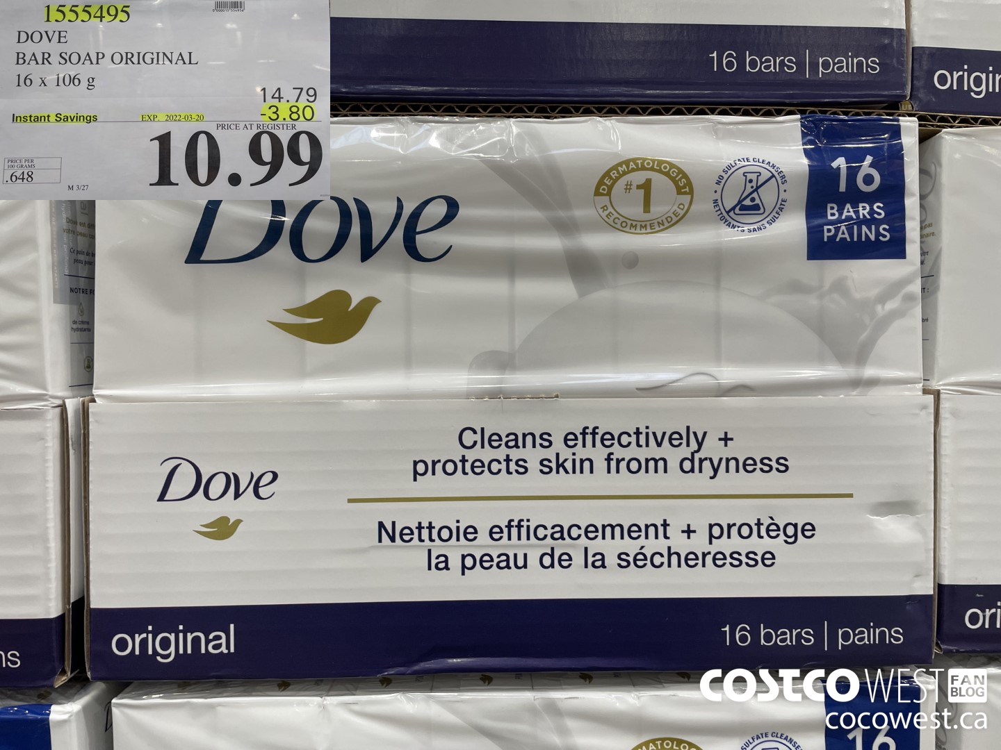 1555495 DOVE BAR SOAP WHITE 16 x 106 g ($3.80 INSTANT SAVINGS EXPIRES ON 2022-03-20) $10.99