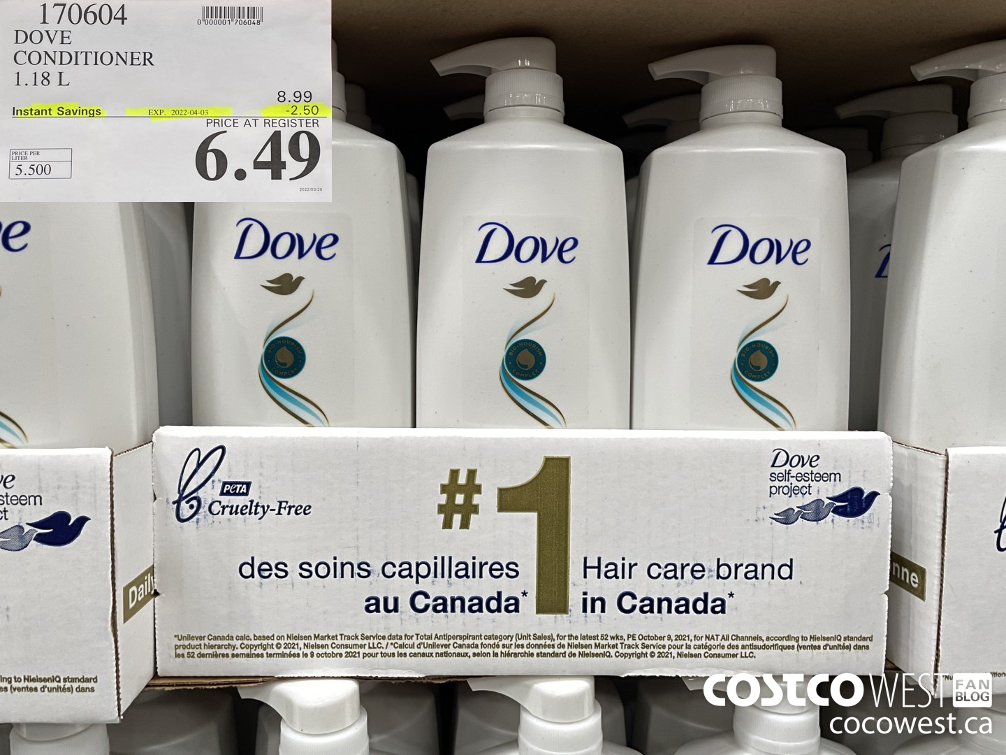 170604 DOVE CONDITIONER 1.18 L ($2.50 INSTANT SAVINGS EXPIRES ON 2022-04-03) $6.49