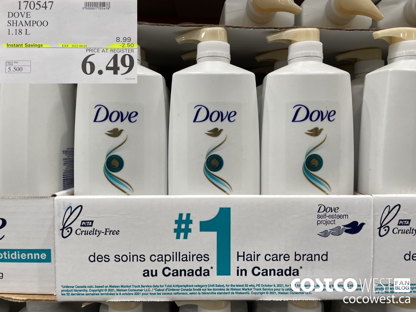 170547 DOVE SHAMPOO 1.18 L ($2.50 INSTANT SAVINGS EXPIRES ON 2022-04-03) $6.49