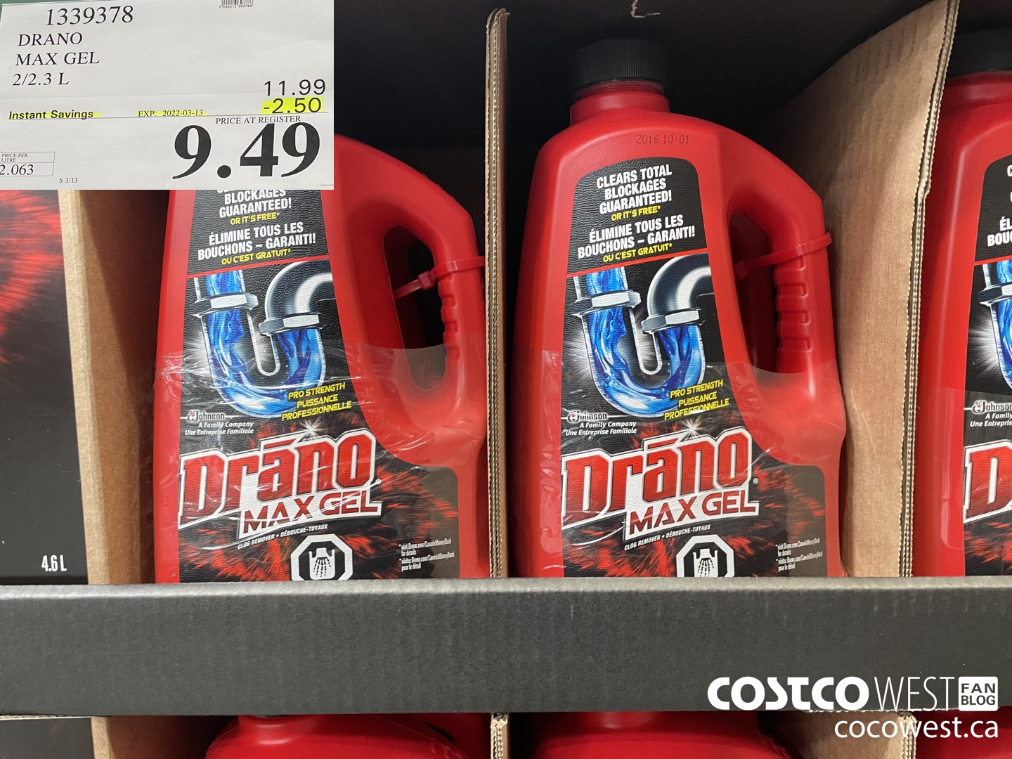 1339378 DRANO MAX GEL 2/2.3L  ($2.50 INSTANT SAVINGS EXPIRES ON 2022-03-13) $9.49