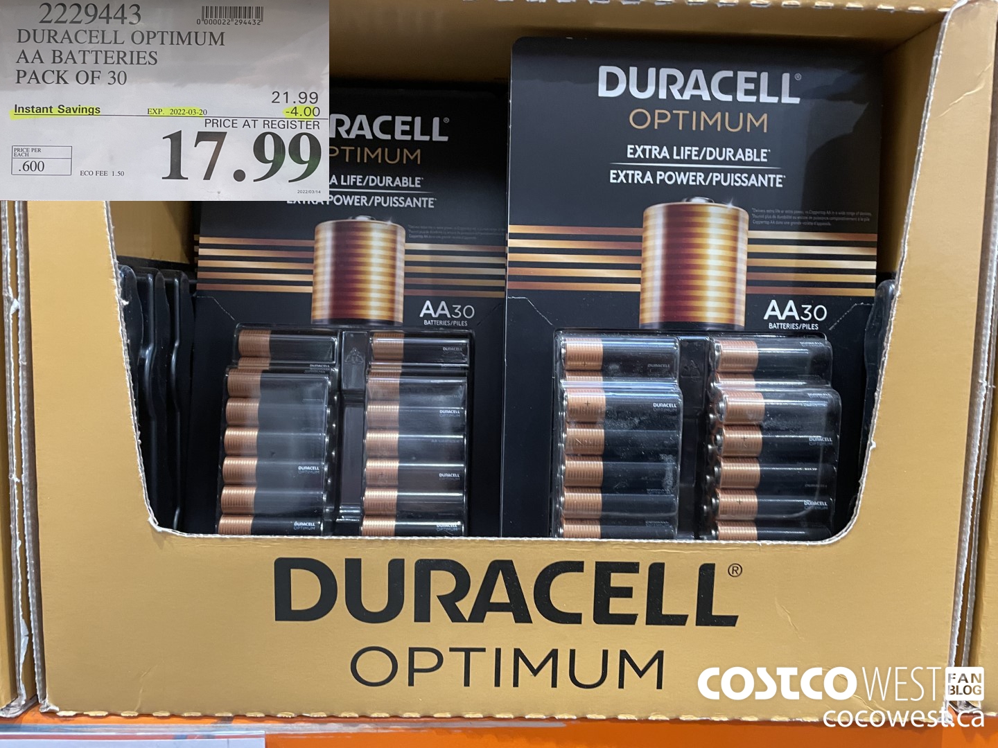 2229443 DURACELL OPTIMUM AA BATTERIES PACK OF 30 ($4.00 INSTANT SAVINGS EXPIRES ON 2022-03-20) $17.99