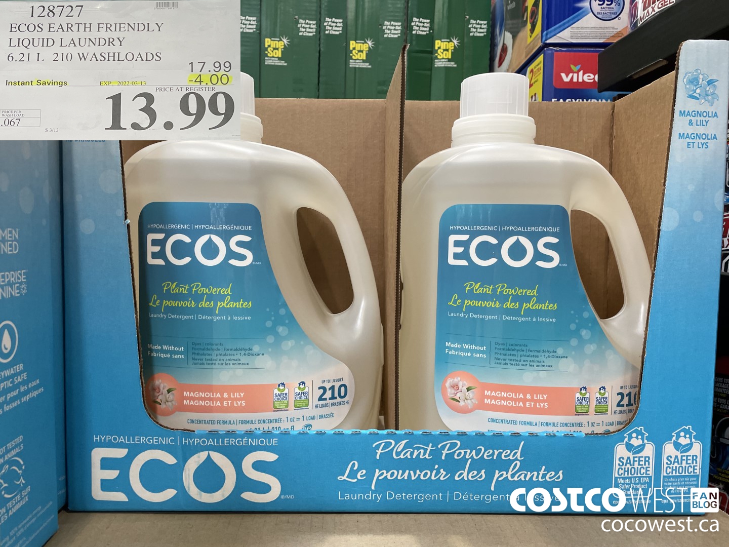128727 ECOS EARTH FRIENDLY LIQUID LAUNDRY 6.21L 210 WASHLOADS ($5.00 INSTANT SAVINGS EXPIRES ON 2022-03-13) $13.99
