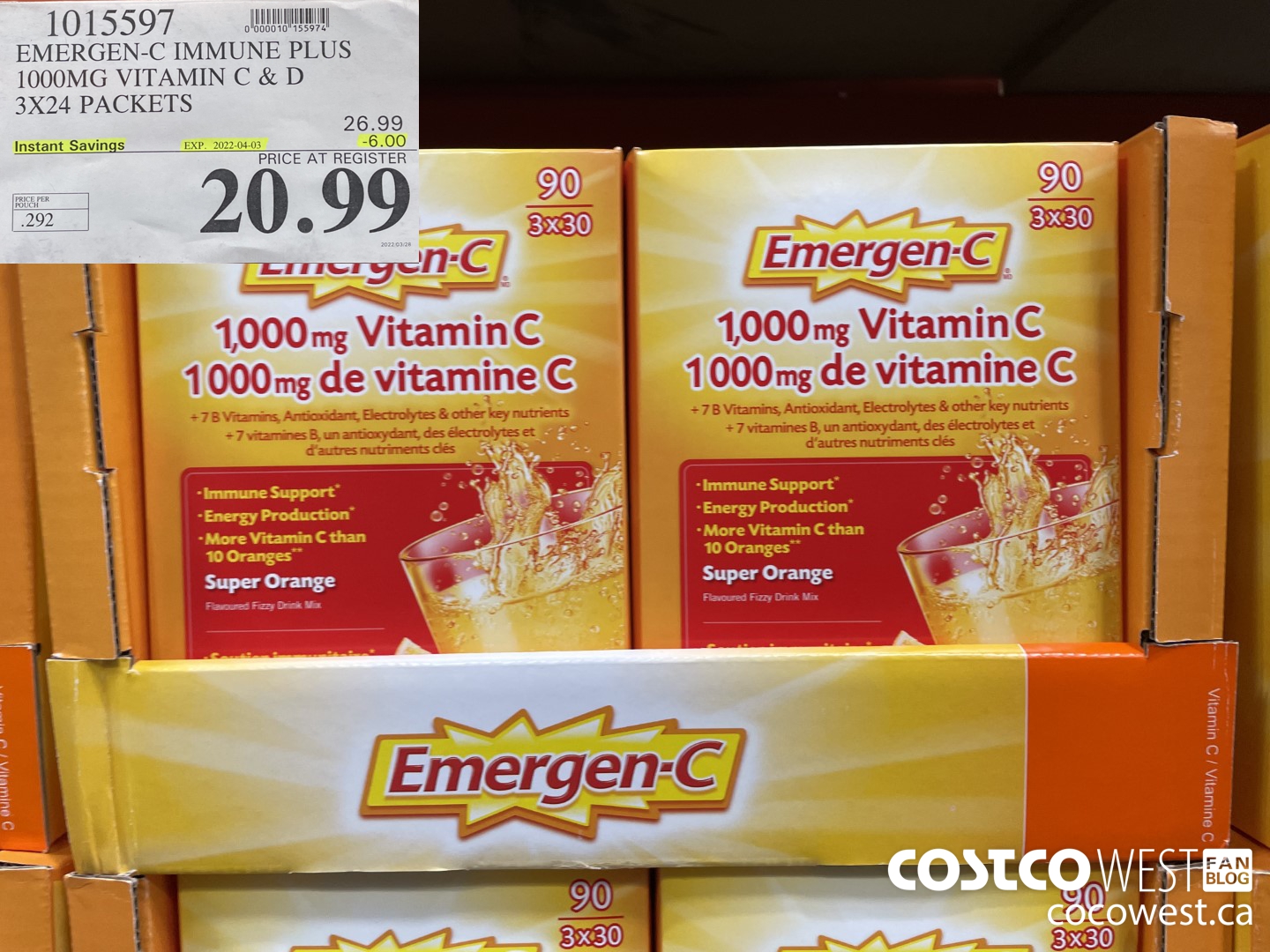 1015597 EMERGEN-C IMMUNE PLUS 1000MG VITAMIN C & D 3X24 PACKETS ($6.00 INSTANT SAVINGS EXPIRES ON 2022-04-03) $20.99