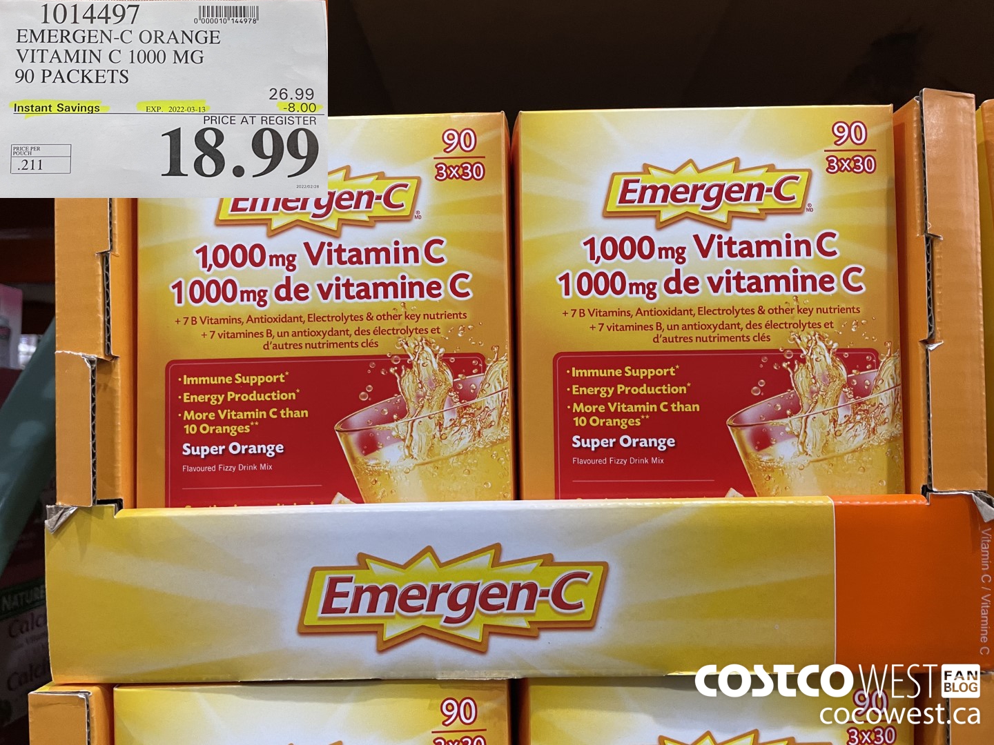 1014497 EMERGEN-C ORANGE VITAMIN C 1000 MG 90 PACKETS ($8.00 INSTANT SAVINGS EXPIRES ON 2022-03-13) $18.99