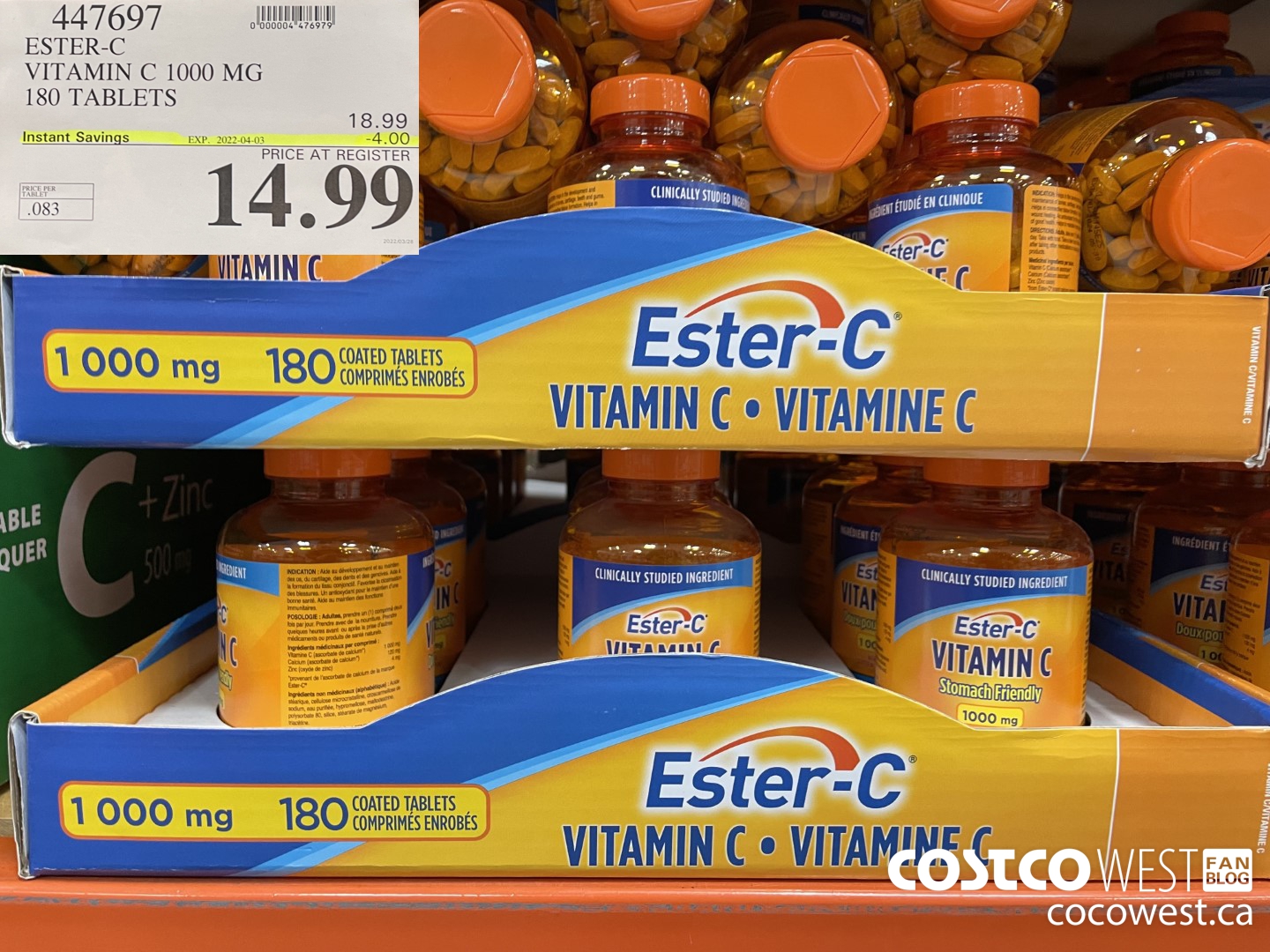 447697 ESTER-C VITAMIN C 1000 MG 180 TABLETS  ($4.00 INSTANT SAVINGS EXPIRES ON 2022-04-03) $14.99