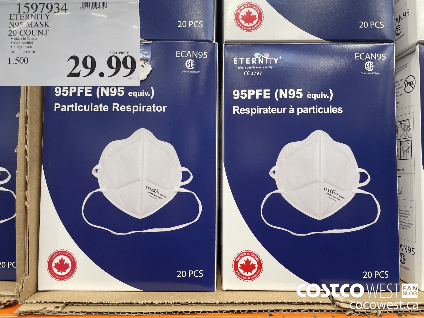 1597934 ETERNITY N95 MASK 20 COUNT $29.99