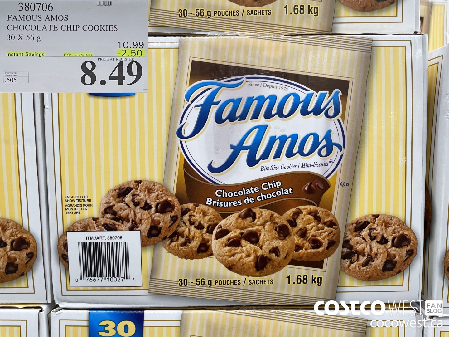 380706 FAMOUS AMOS CHOCOLATE CHIP COOKIES 30 X 56G ($2.50 INSTANT SAVINGS EXPIRES ON 2022-03-27) $8.49