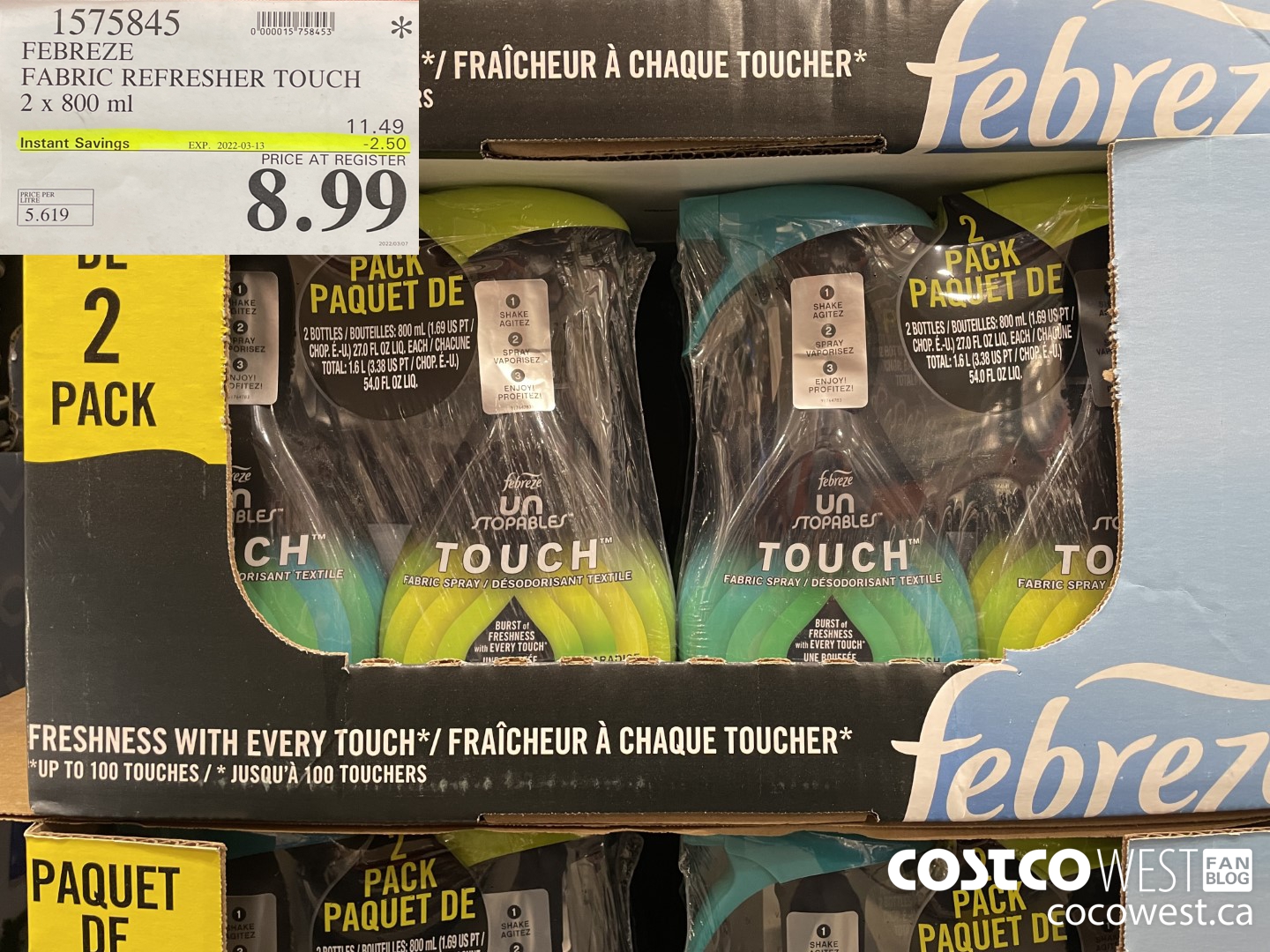 1575845 FEBREZE FABRIC REFRESHER UNSTOPABLES 2 x 800 mL ($2.50 INSTANT SAVINGS EXPIRES ON 2022-03-13) $8.99