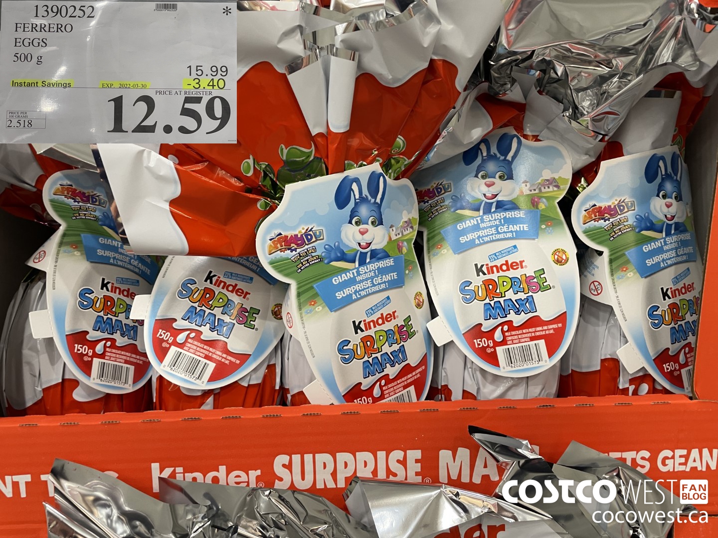 1390252 FERRERO EGGS 500 g ($3.40 INSTANT SAVINGS EXPIRES ON 2022-03-30) $12.59