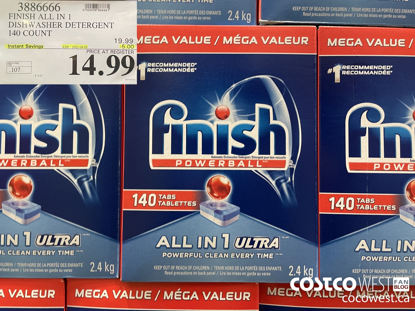 3886666 FINISH ALL IN 1 DISHWASHER DETERGENT 140 COUNT ($5.00 INSTANT SAVINGS EXPIRES ON 2022-04-03) $14.99
