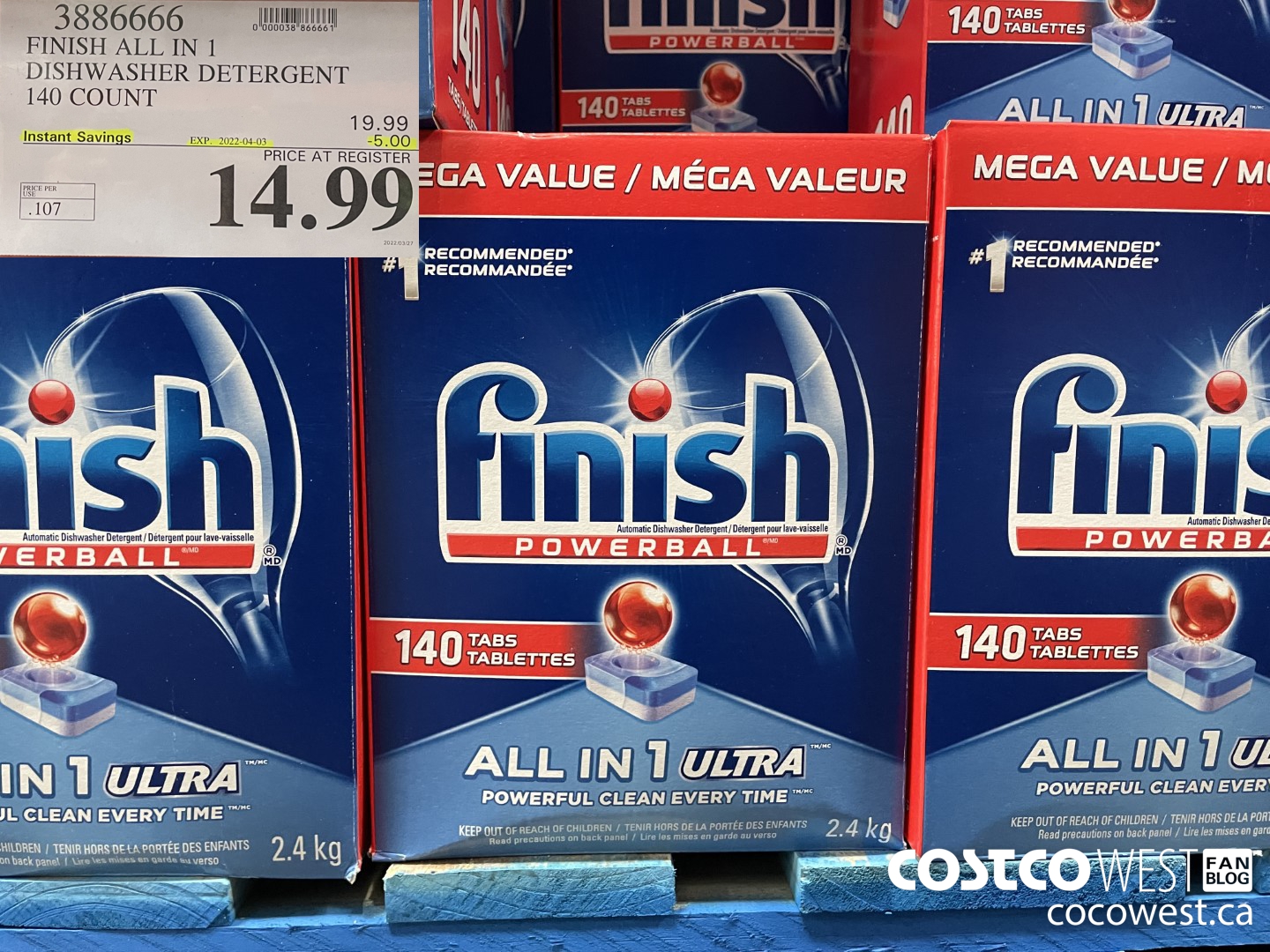 3886666 FINISH ALL IN 1 DISHWASHER DETERGENT 140 COUNT ($5.00 INSTANT SAVINGS EXPIRES ON 2022-04-03) $14.99