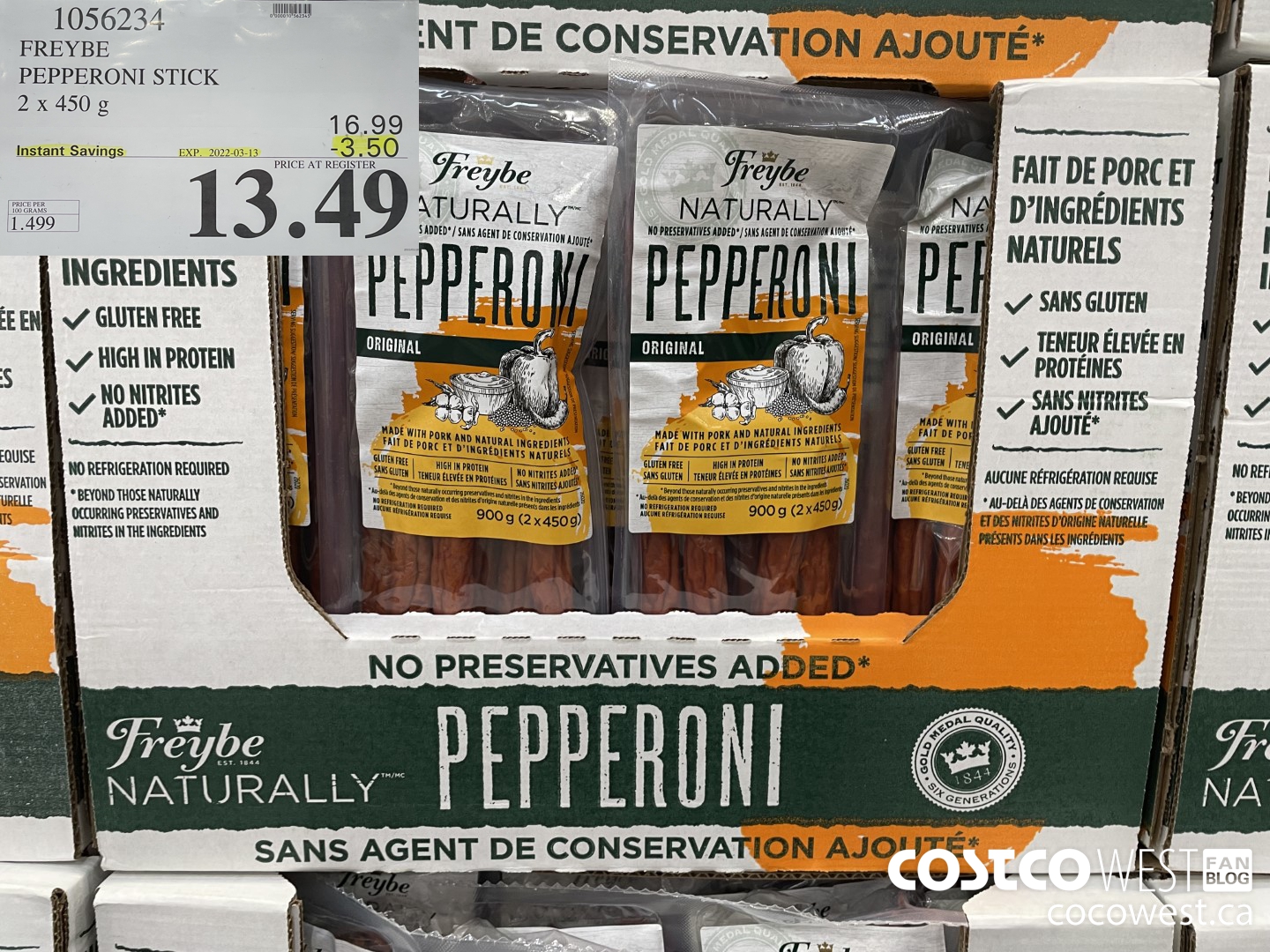 1056234 FREYBE PEPPERONI STICK NO PRESERVATIVE ADDED 2 x 450g ($3.50 INSTANT SAVINGS EXPIRES ON 2022-03-13) $13.49