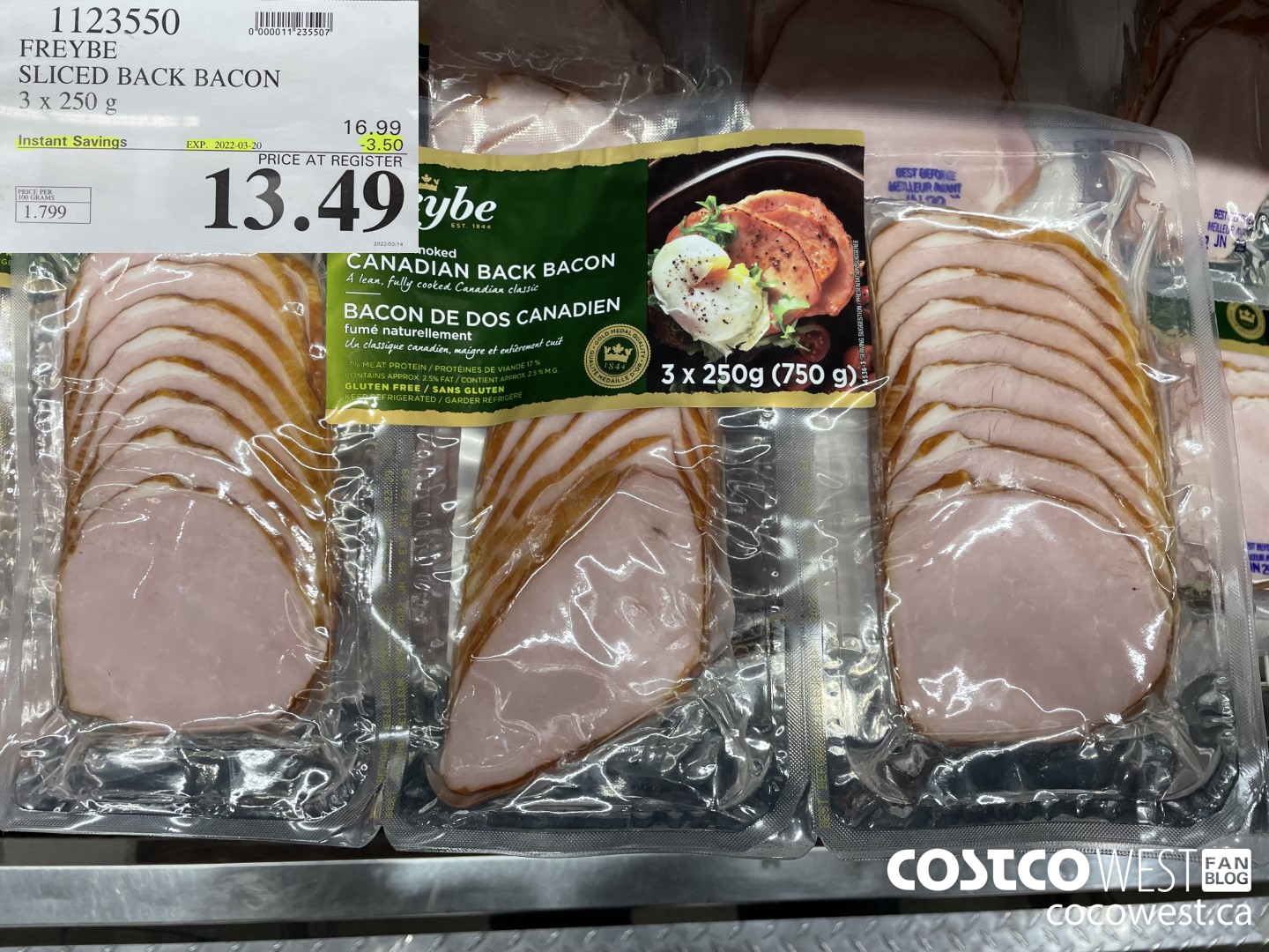 1123550 FREYBE SLICED BACK BACON 3 x 250 g ($3.50 INSTANT SAVINGS EXPIRES ON 2022-03-20) $13.49