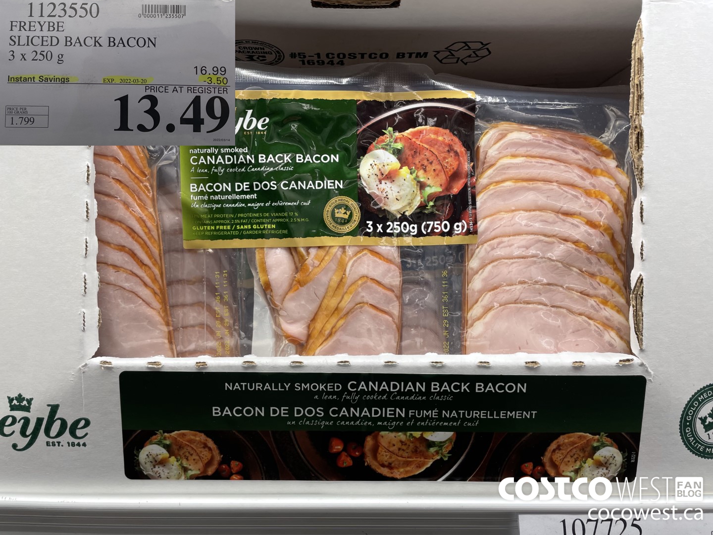 1123550 FREYBE SLICED BACK BACON 3 x 250 g ($3.50 INSTANT SAVINGS EXPIRES ON 2022-03-20) $13.49