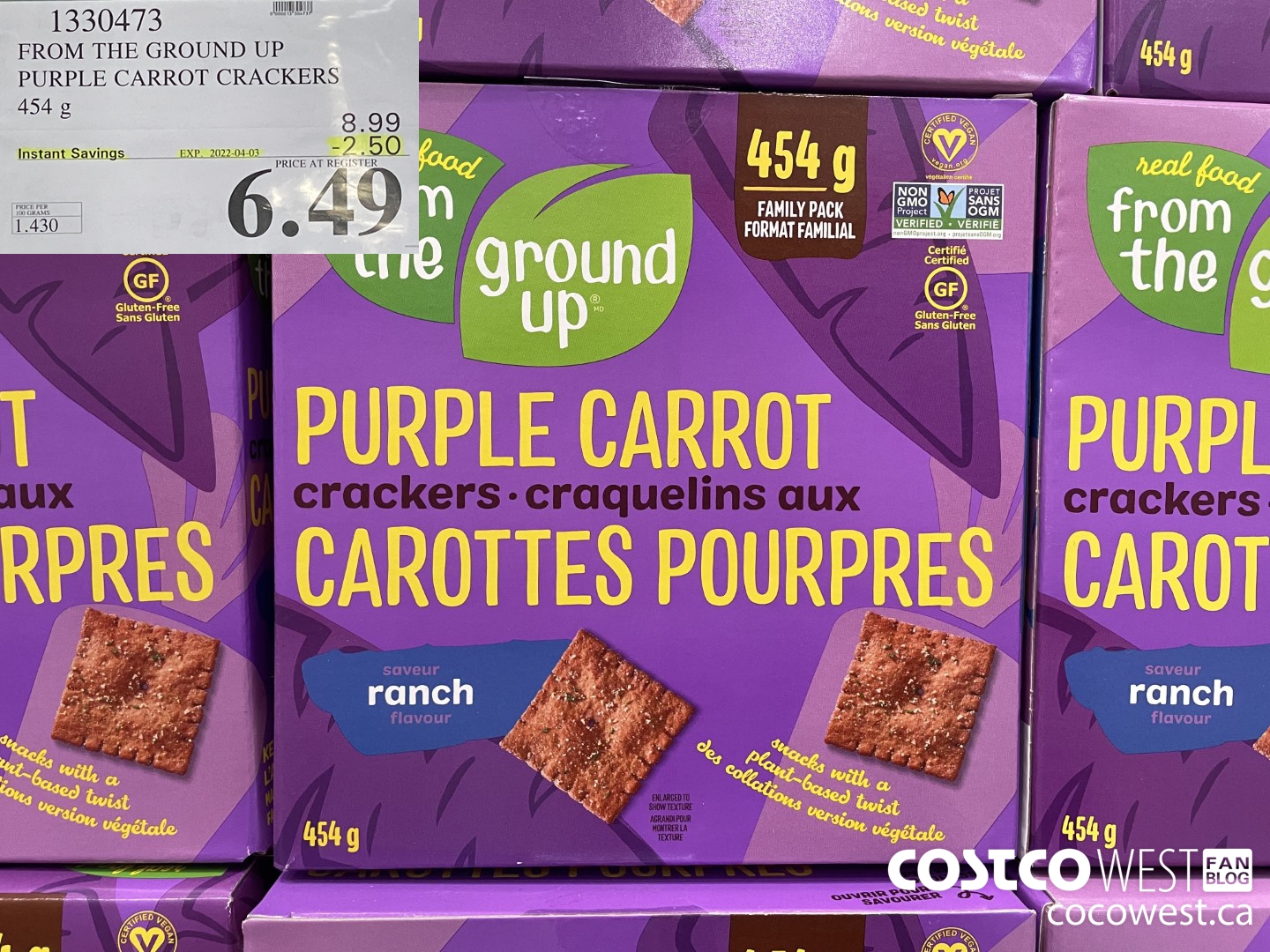 1330473 FROM THE GROUND UP PURPLE CARROT CRACKERS 454 g ($2.50 INSTANT SAVINGS EXPIRES ON 2022-04-03) $6.49