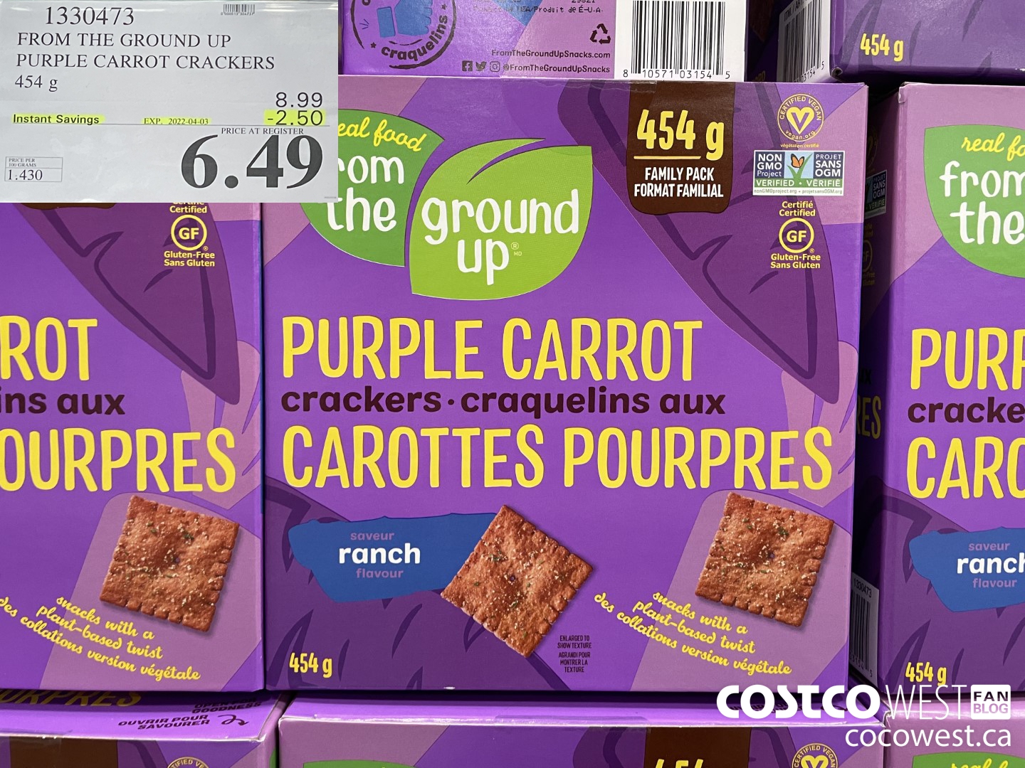 1330473 FROM THE GROUND UP PURPLE CARROT CRACKERS 454 g ($2.50 INSTANT SAVINGS EXPIRES ON 2022-04-03) $6.49