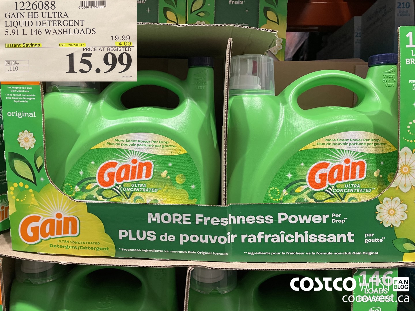 1226088 GAIN HE ULTRA LIQUID DETERGENT 5.91 L 146 WASHLOADS ($4.00 INSTANT SAVINGS EXPIRES ON 2022-03-17) $15.99