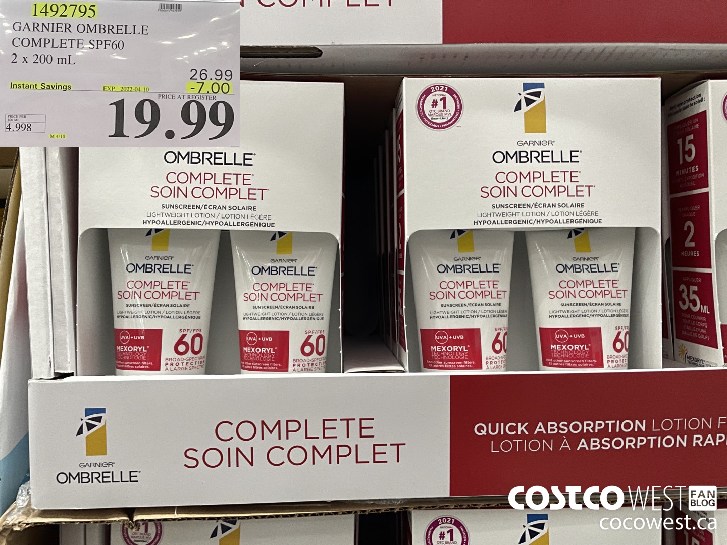 1492795 GARNIER OMBRELLE COMPLETE SPF60 2 x 200 mL ($7.00 INSTANT SAVINGS EXPIRES ON 2022-04-10) $19.99