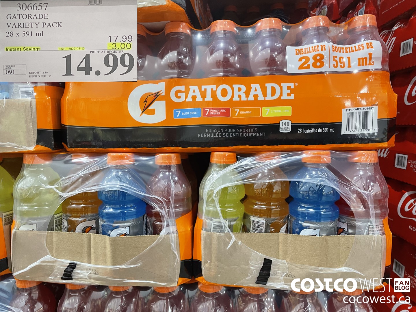 306657 GATORADE VARIETY PACK 28 x 591 ml ($3.00 INSTANT SAVINGS EXPIRES ON 2022-03-13) $14.99