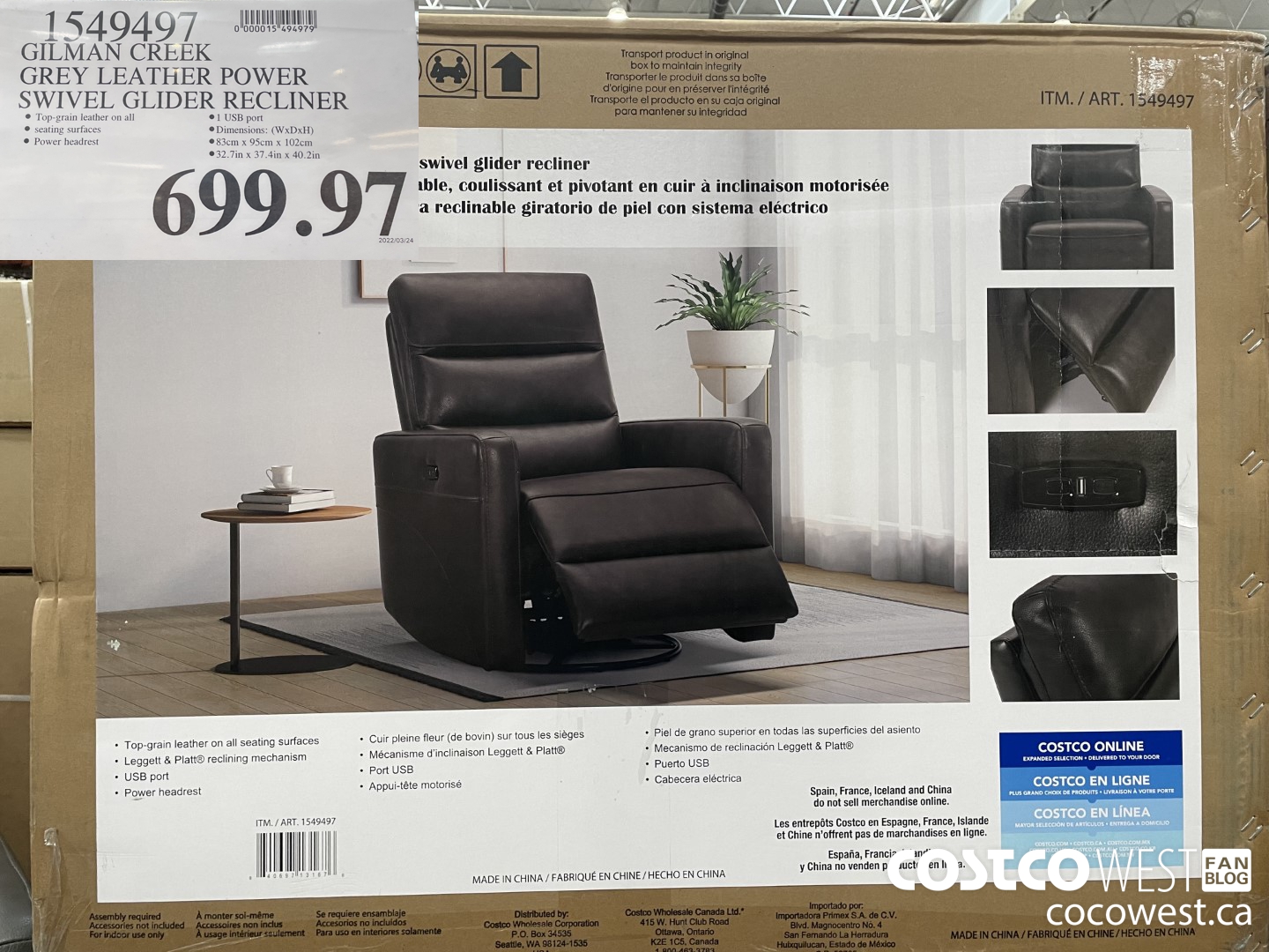 1549497 GILMAN CREEK GREY LEATHER POWER SWIVEL GLIDER RECLINER $699.97