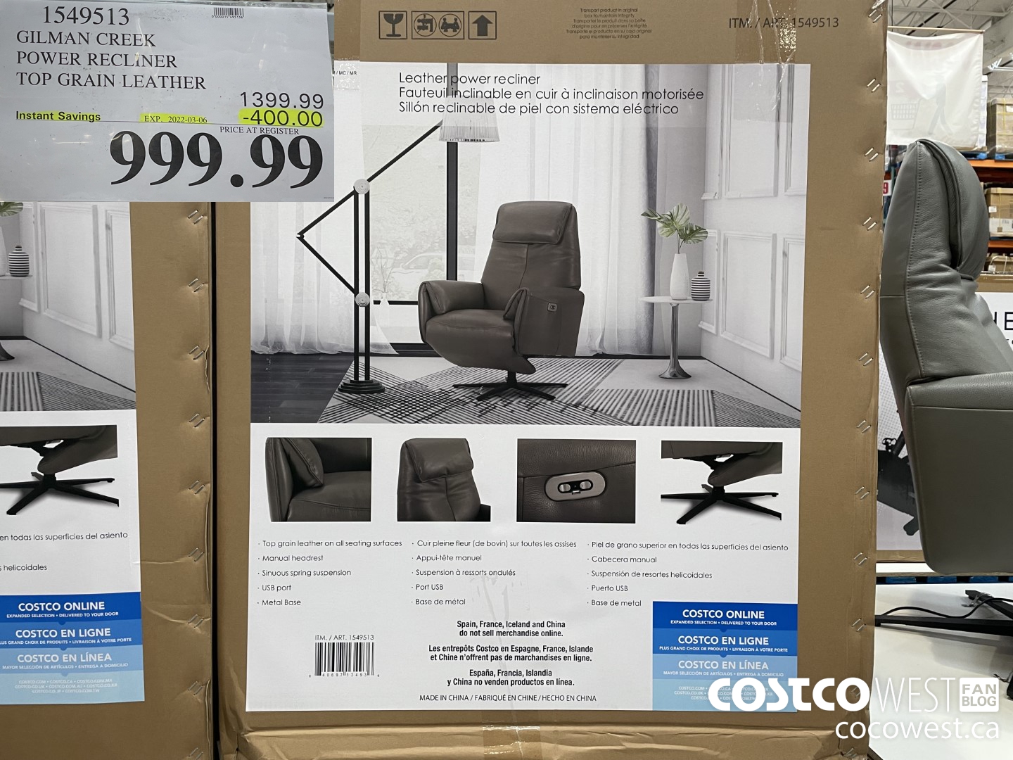 1549513 GILMAN CREEK POWER RECLINER TOP GRAIN LEATHER  ($400.00 INSTANT SAVINGS EXPIRES ON 2022-03-06) $999.99