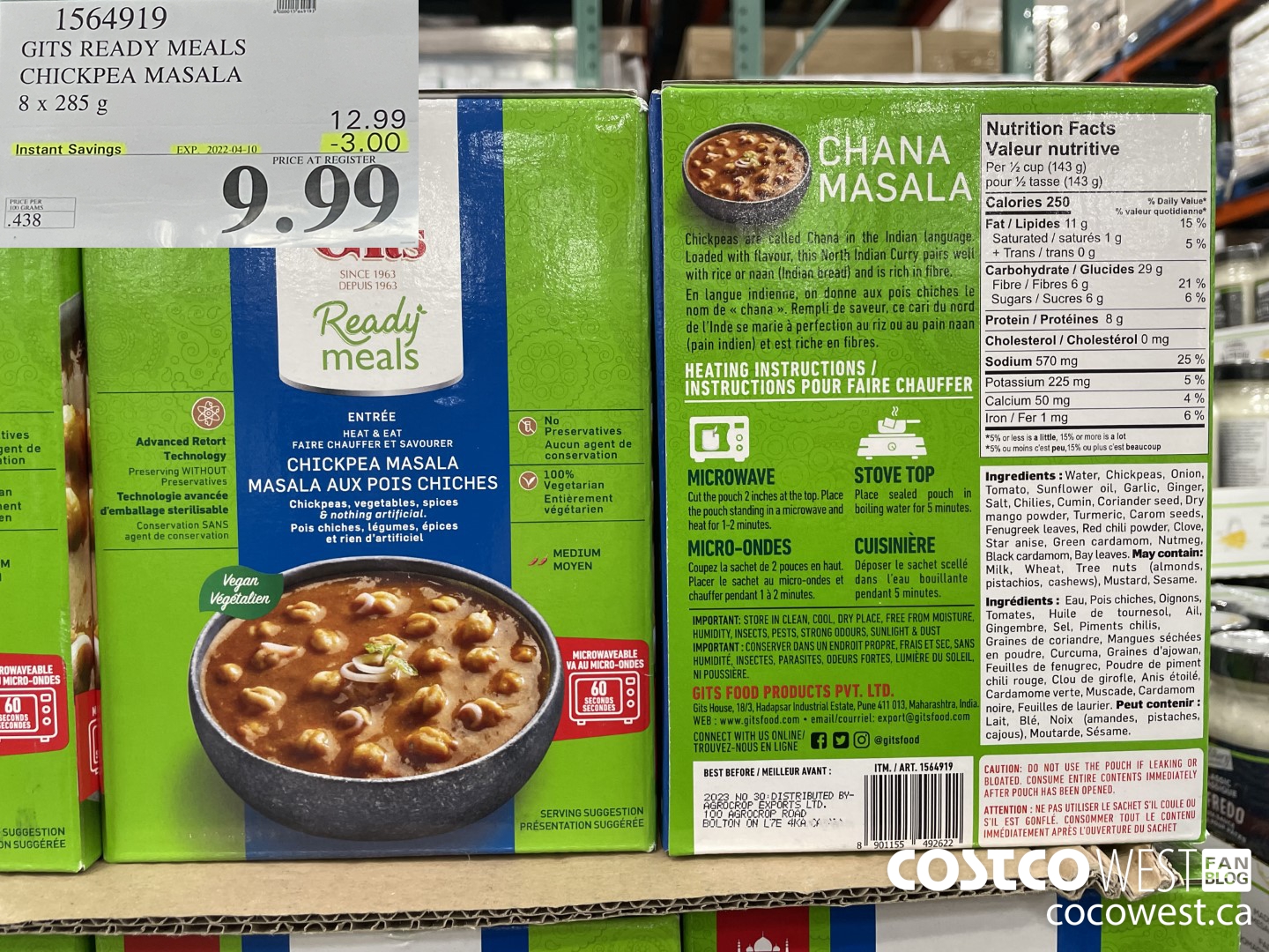 1564919 GITS READY MEALS CHICKPEA MASALA 8 x 285 g ($3.00 INSTANT SAVINGS EXPIRES ON 2022-04-10) $9.99