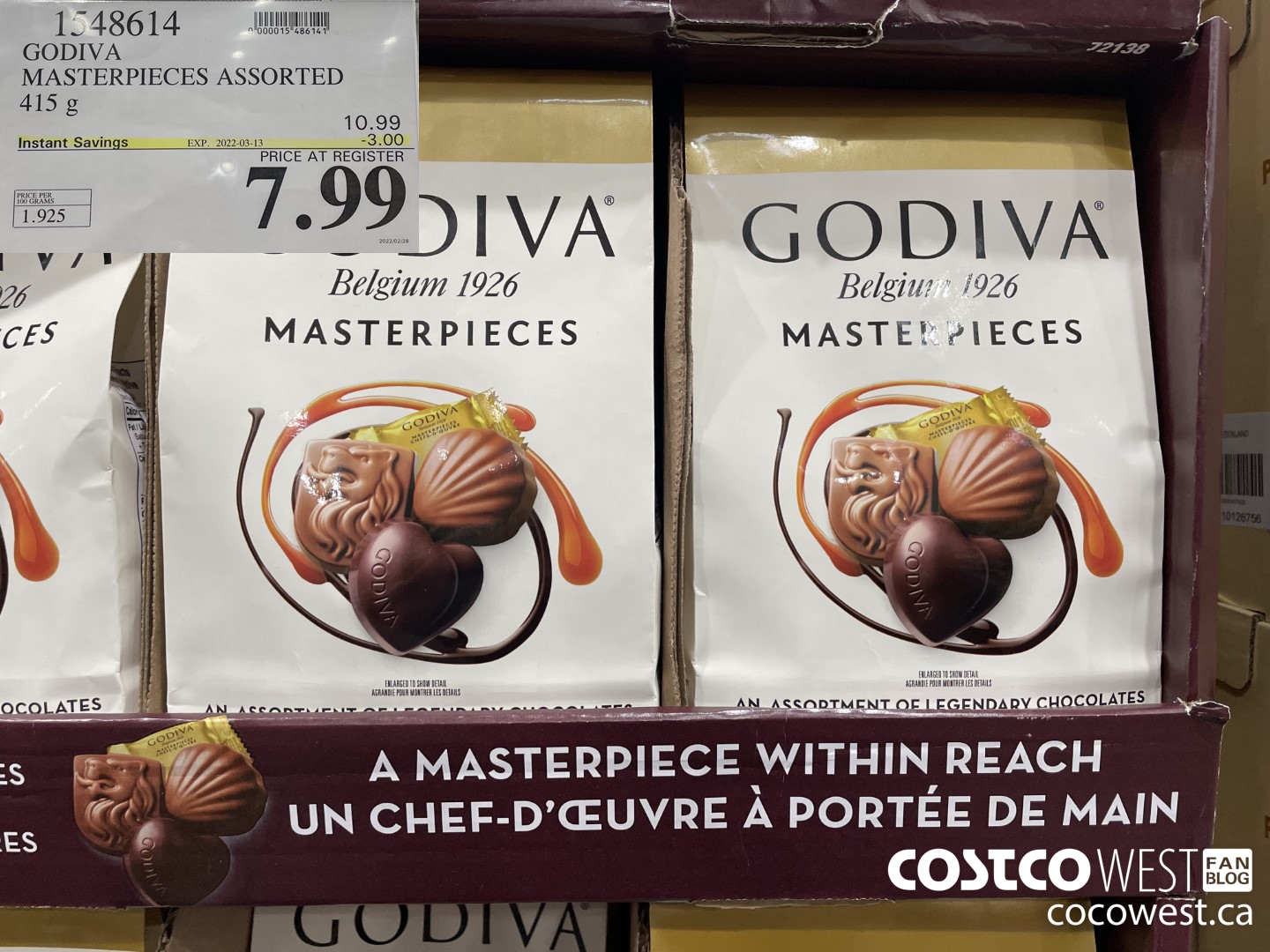 1548614 GODIVA MASTERPIECES ASSORTED 415 g ($3.00 INSTANT SAVINGS EXPIRES ON 2022-03-13) $7.99