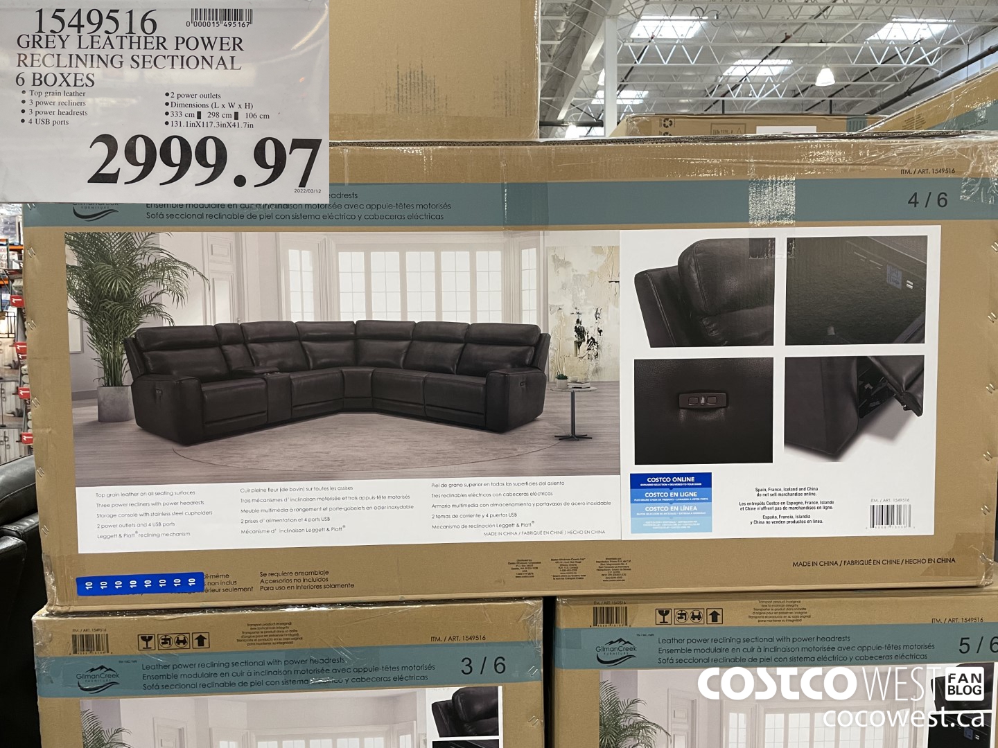 1549516 GREY LEATHER POWER . RECLINING SECTIONAL 6 BOXES  $2999.97
