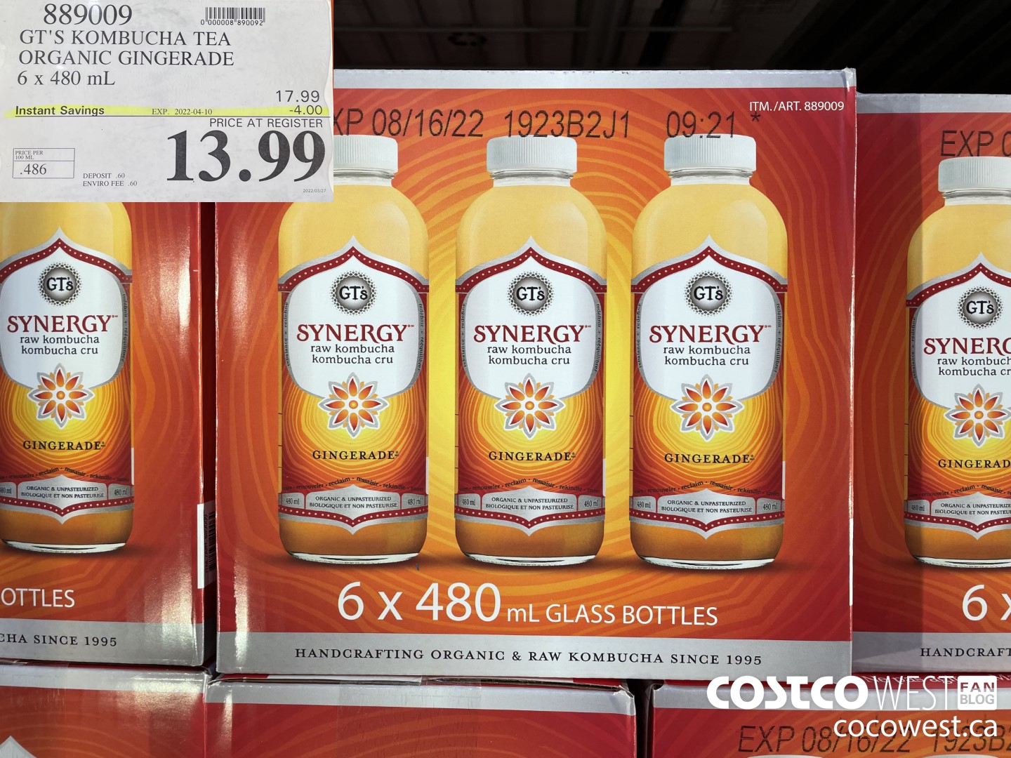 889009 GT'S KOMBUCHA TEA ORGANIC GINGERADE 6 x 480 mL ($4.00 INSTANT SAVINGS EXPIRES ON 2022-04-10) $13.99