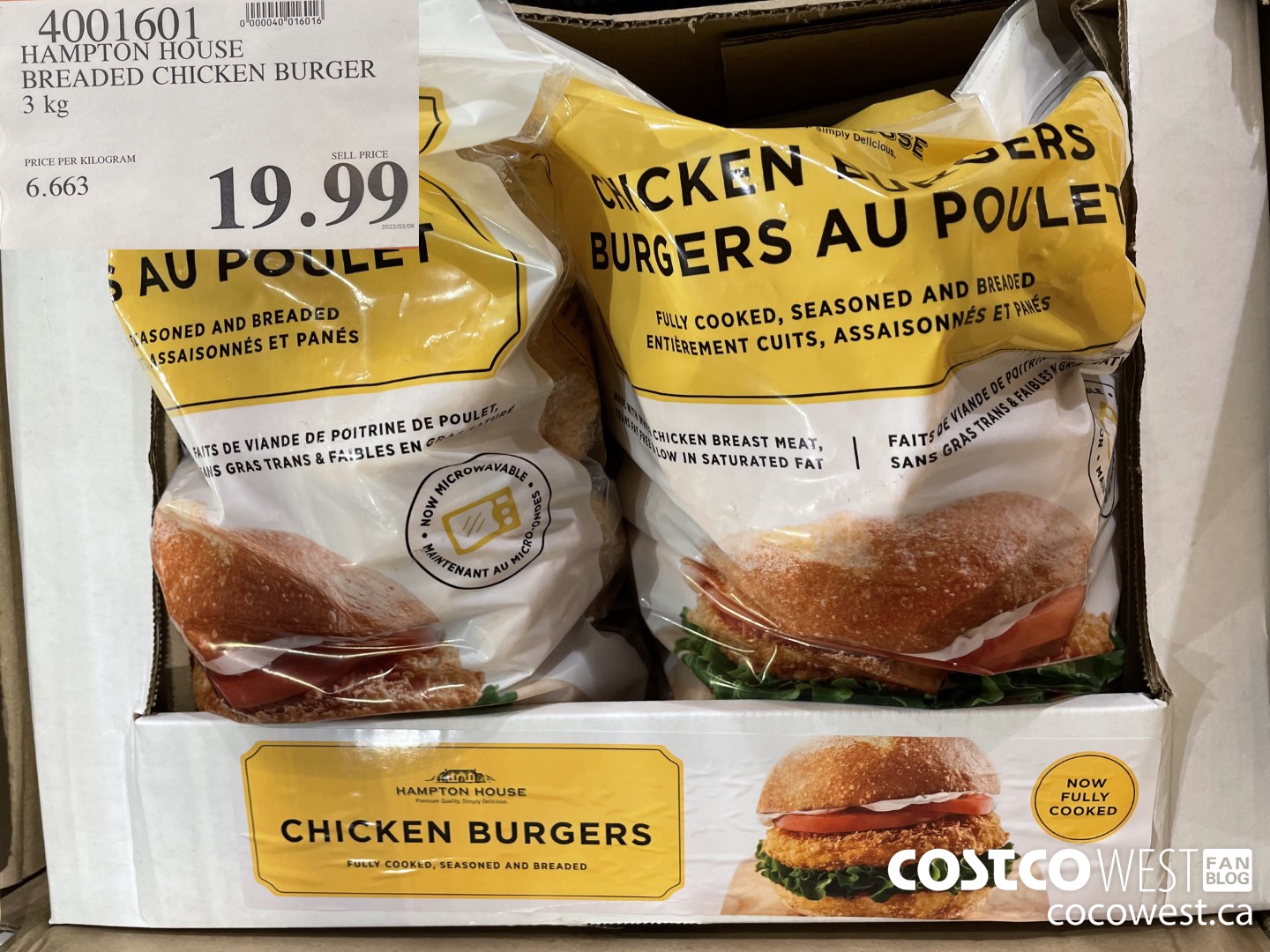 4001601 HAMPTON HOUSE BREADED CHICKEN BURGER 3 kg $19.99