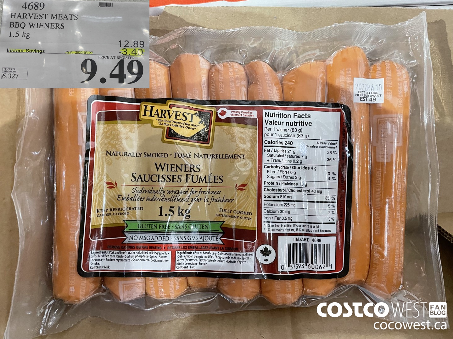 4689 HARVEST MEATS BBQ WIENERS 1.5 kg ($3.40 INSTANT SAVINGS EXPIRES ON 2022-03-27) $9.49