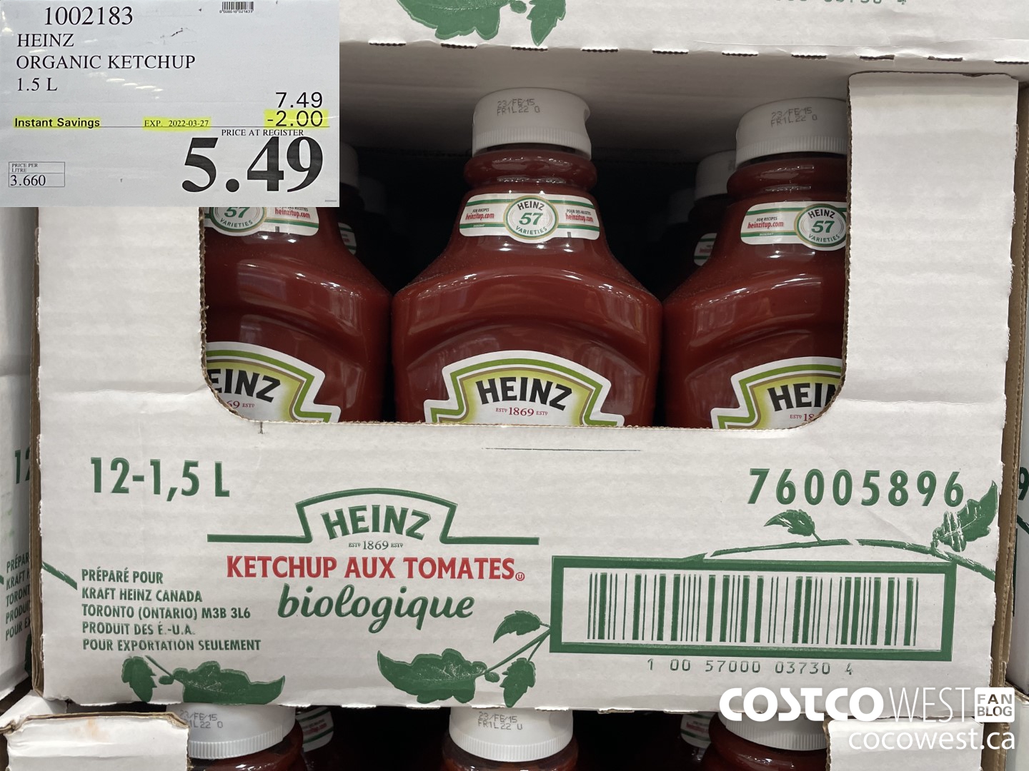 1002183 HEINZ ORGANIC KETCHUP 1.5 L ($2.00 INSTANT SAVINGS EXPIRES ON 2022-03-27) $5.49