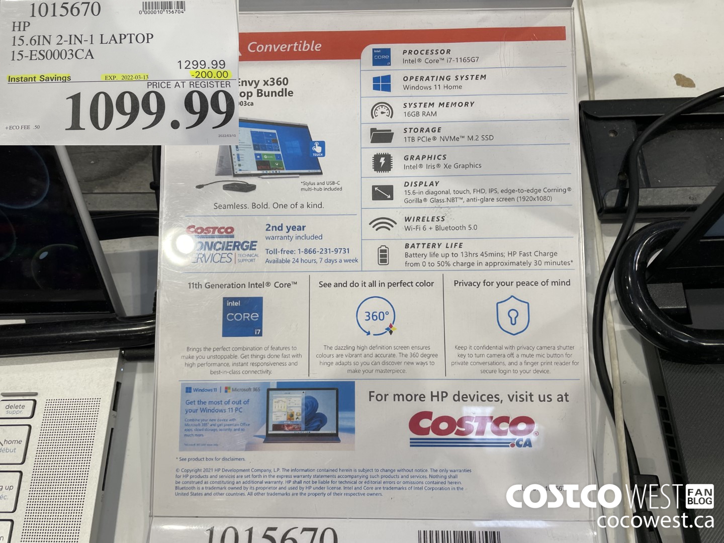 1015670 HP 15.6IN 2-IN-1 LAPTOP 15-ES0003CA ($200.00 INSTANT SAVINGS EXPIRES ON 2022-03-13) $1099.99