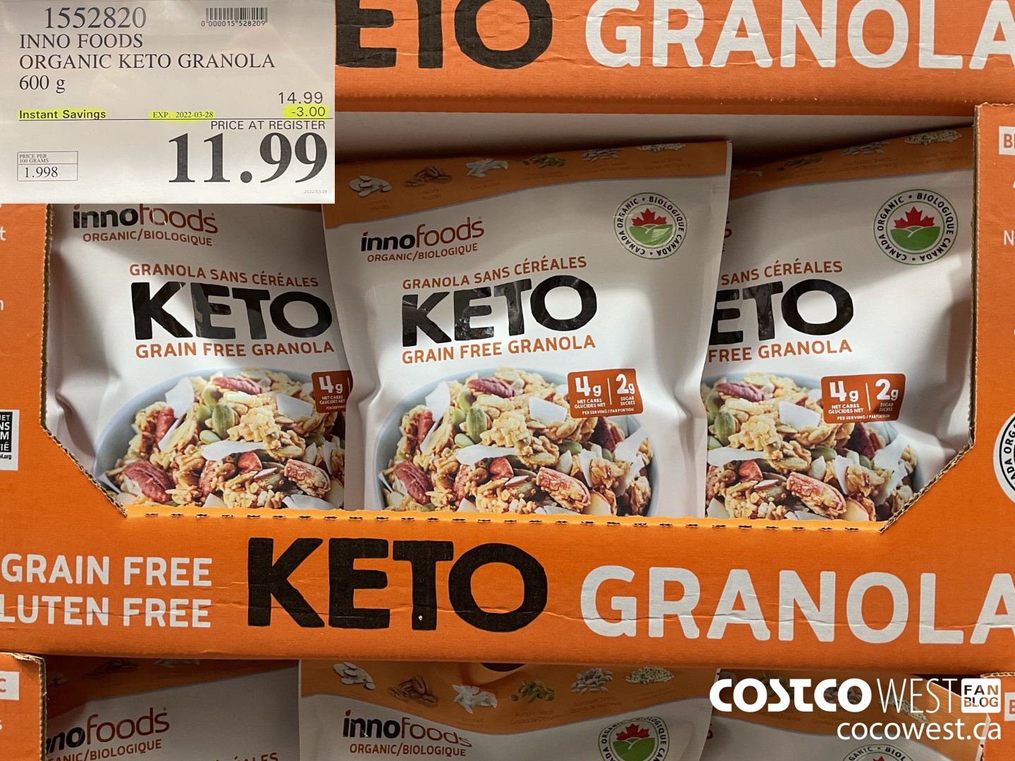 1552820 INNO FOODS ORGANIC KETO GRANOLA 600 g  ($3.00 INSTANT SAVINGS EXPIRES ON 2022-03-28) $11.99