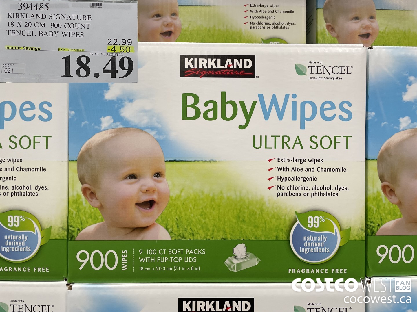 394485 KIRKLAND SIGNATURE 18 X 20 CM TENCEL BABY WIPES ($4.50 INSTANT SAVINGS EXPIRES ON 2022-04-03) $18.49