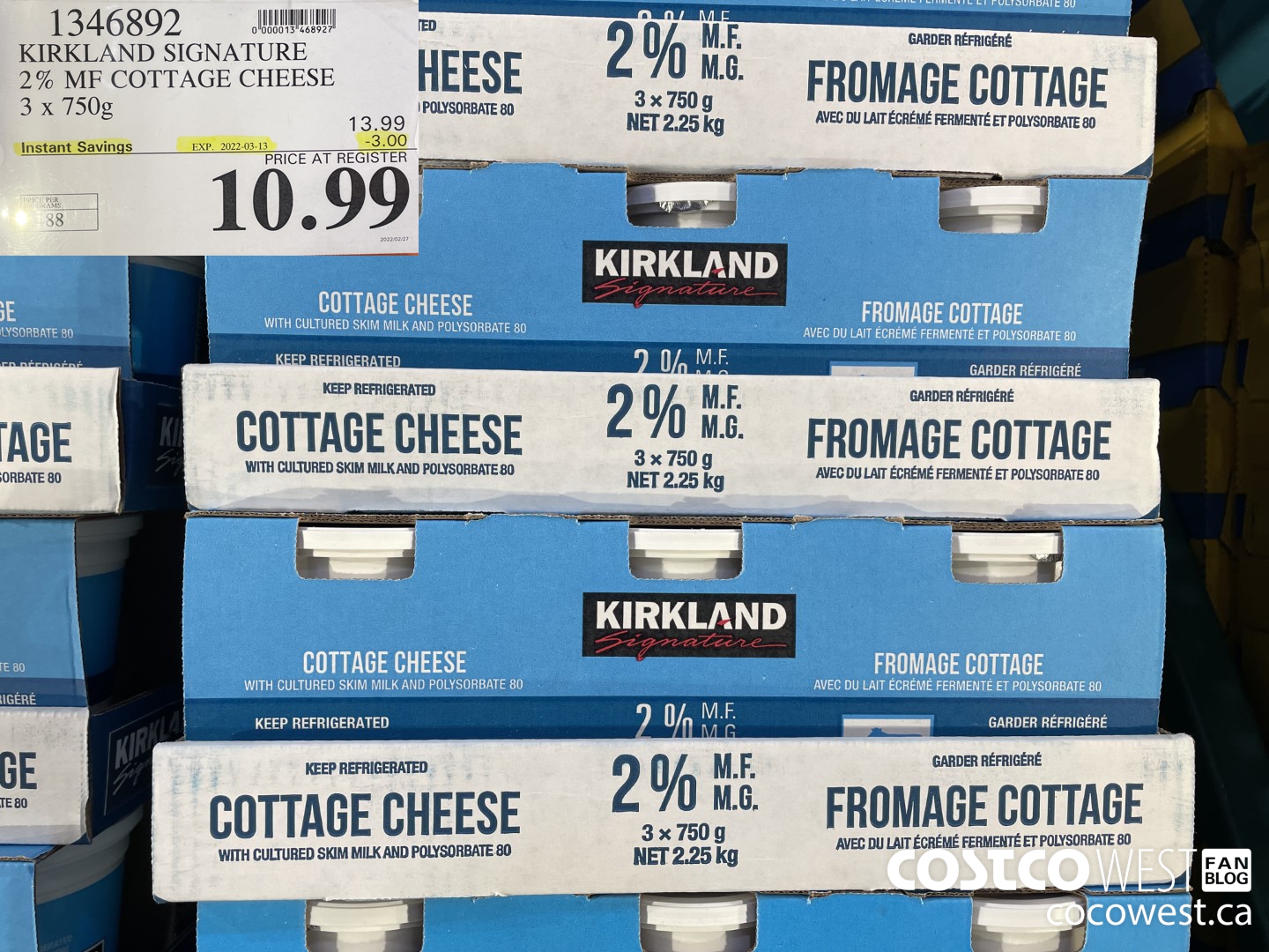 1346892 KIRKLAND SIGNATURE 2% MF COTTAGE CHEESE 3 x 750g ($3.00 INSTANT SAVINGS EXPIRES ON 2022-03-13) $10.99