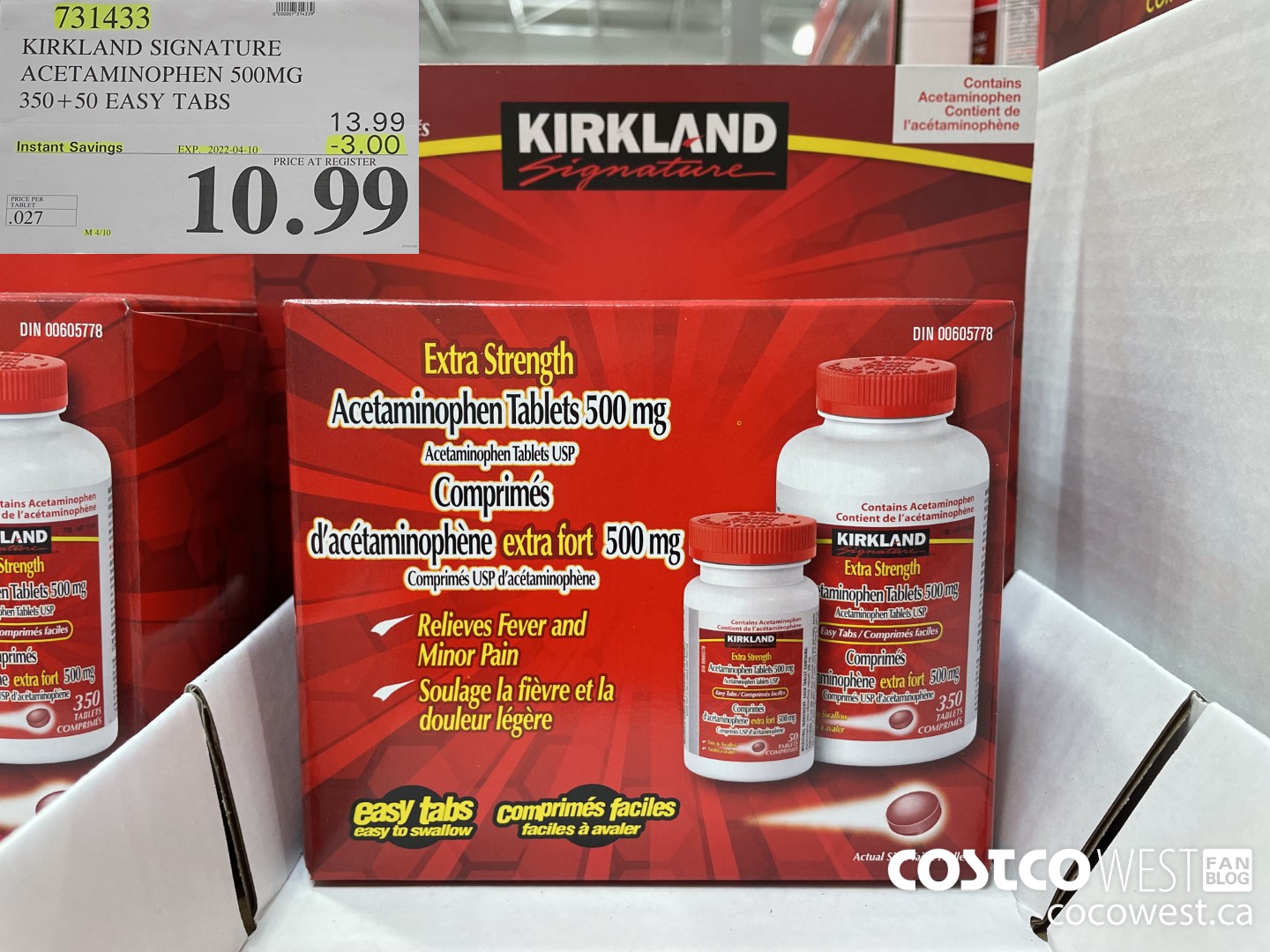 731433 KIRKLAND SIGNATURE ACETAMINOPHEN 500MG 350 + 50 EASY TABLETS ($3.00 INSTANT SAVINGS EXPIRES ON 2022-04-10) $10.99
