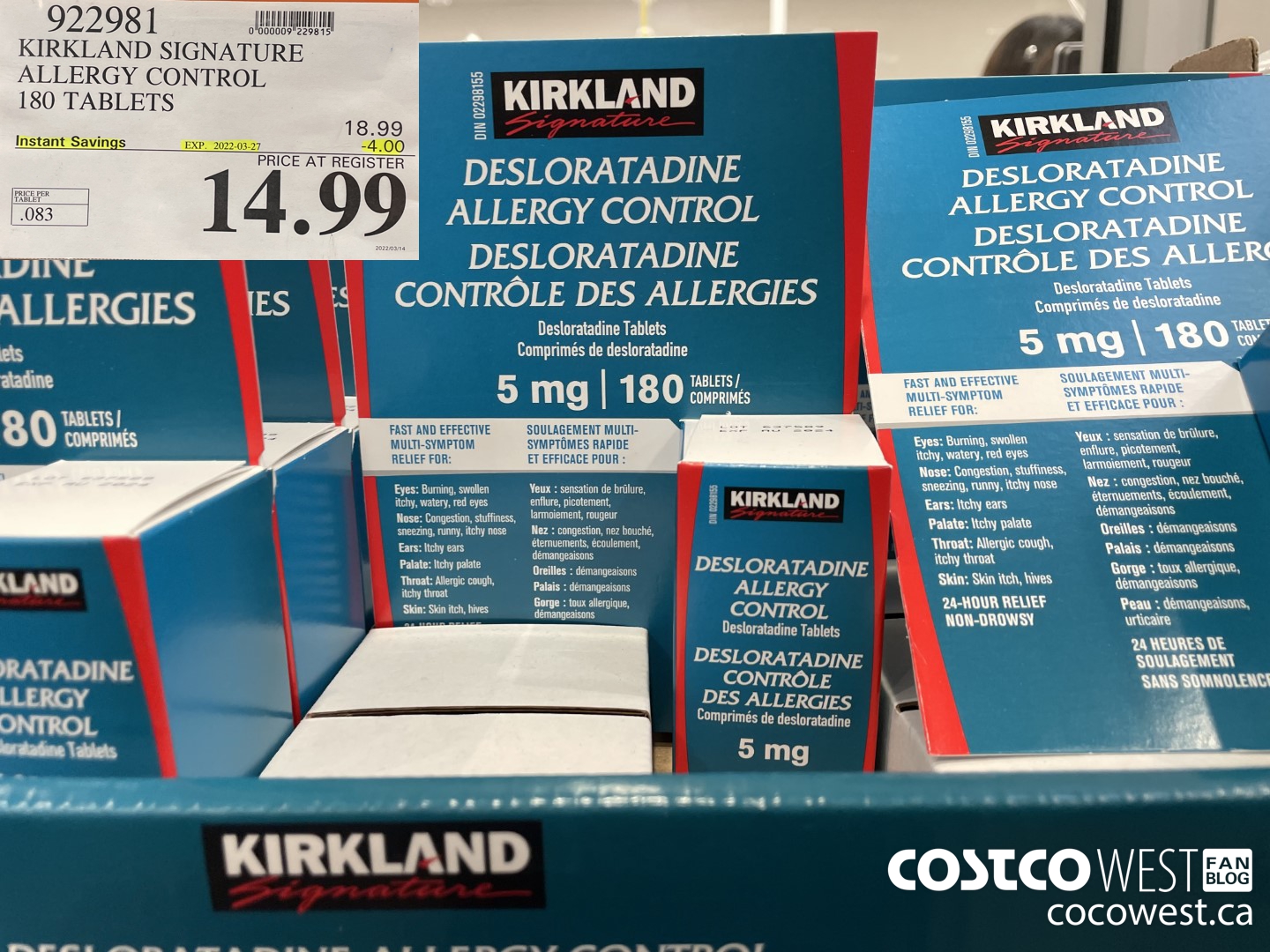 922981 KIRKLAND SIGNATURE ALLERGY CONTROL 180 TABLETS ($4.00 INSTANT SAVINGS EXPIRES ON 2022-03-27) $14.99