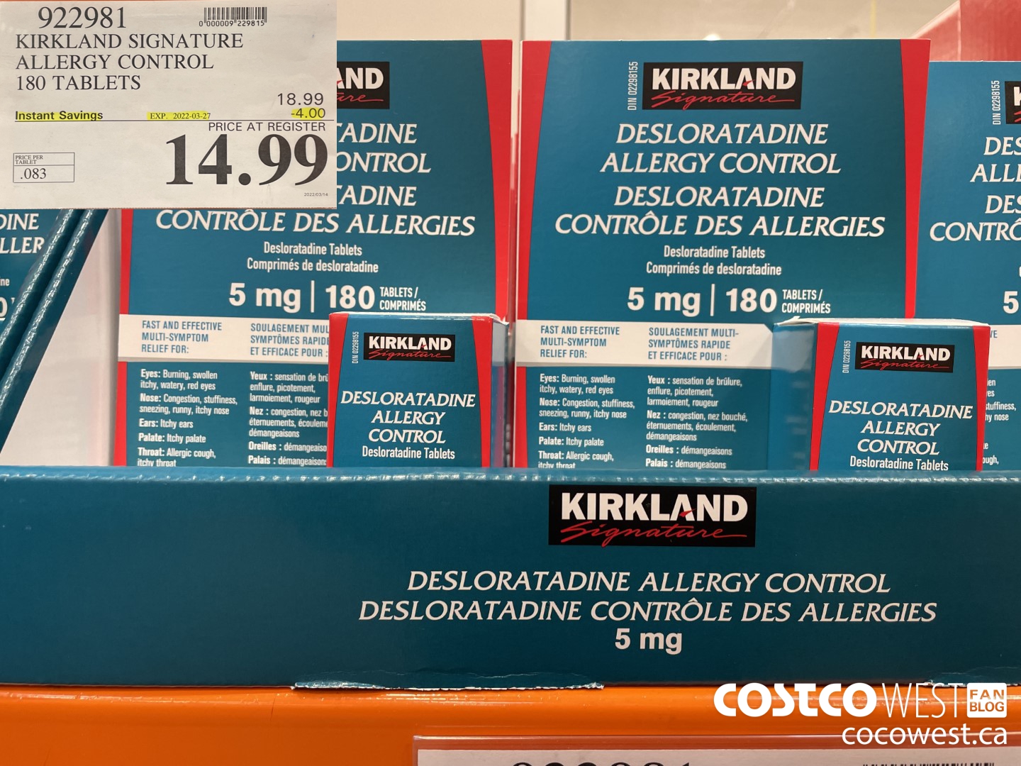 922981 KIRKLAND SIGNATURE ALLERGY CONTROL 180 TABLETS ($4.00 INSTANT SAVINGS EXPIRES ON 2022-03-27) $14.99
