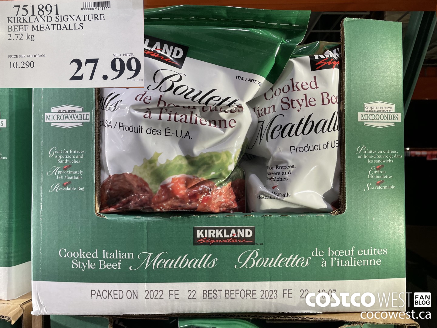 751891 KIRKLAND SIGNATURE BEEF MEATBALLS 2.72 kg $27.99