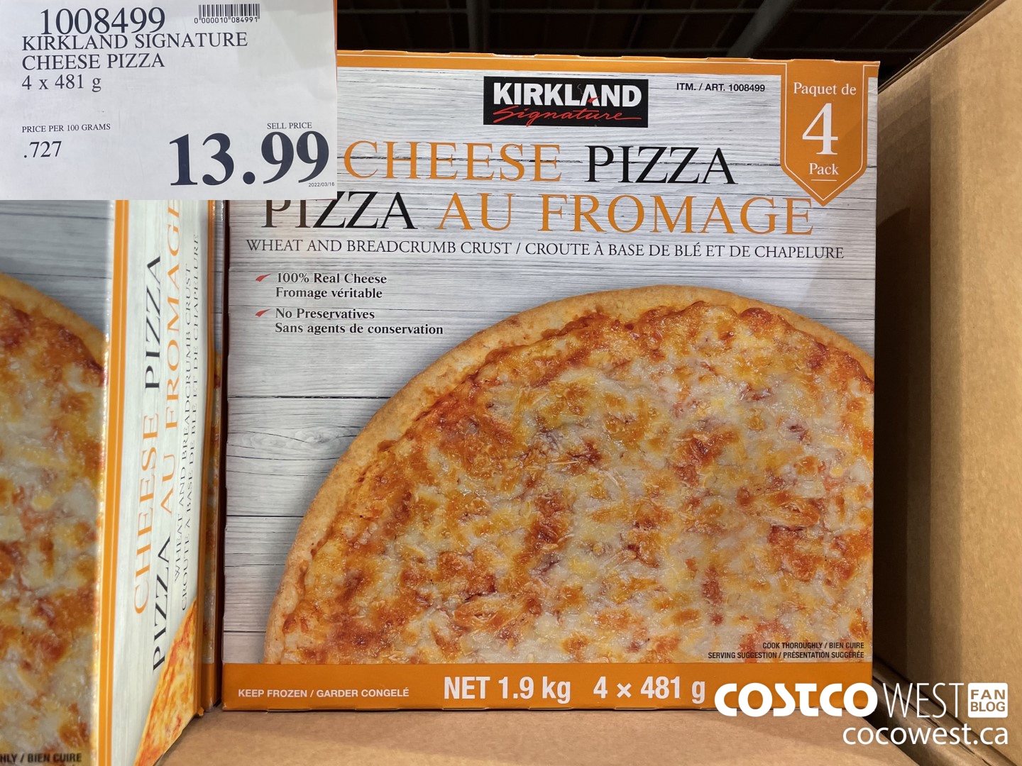 1008499 KIRKLAND SIGNATURE CHEESE PIZZA 4 x 481 g $13.99