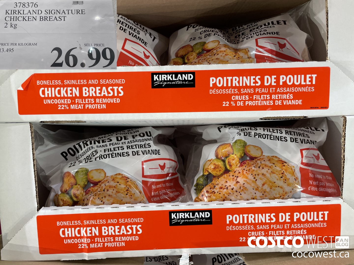378376 KIRKLAND SIGNATURE CHICKEN BREAST 2 kg $26.99