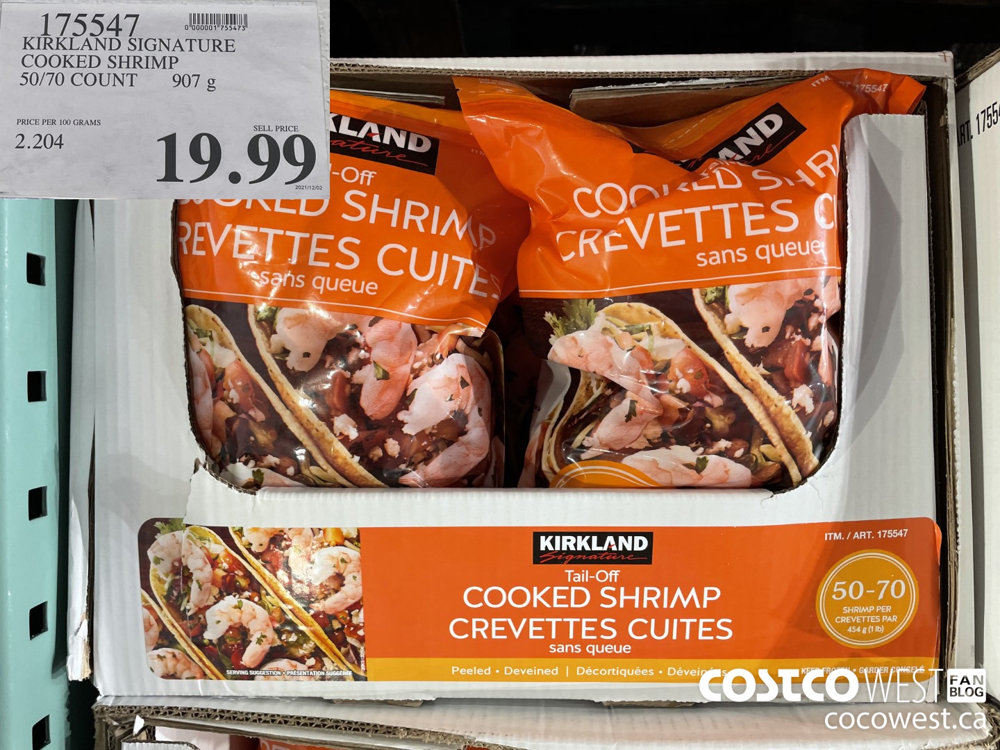 175547 KIRKLAND SIGNATURE COOKED SHRIMP 50/70 COUNT 907G $19.99