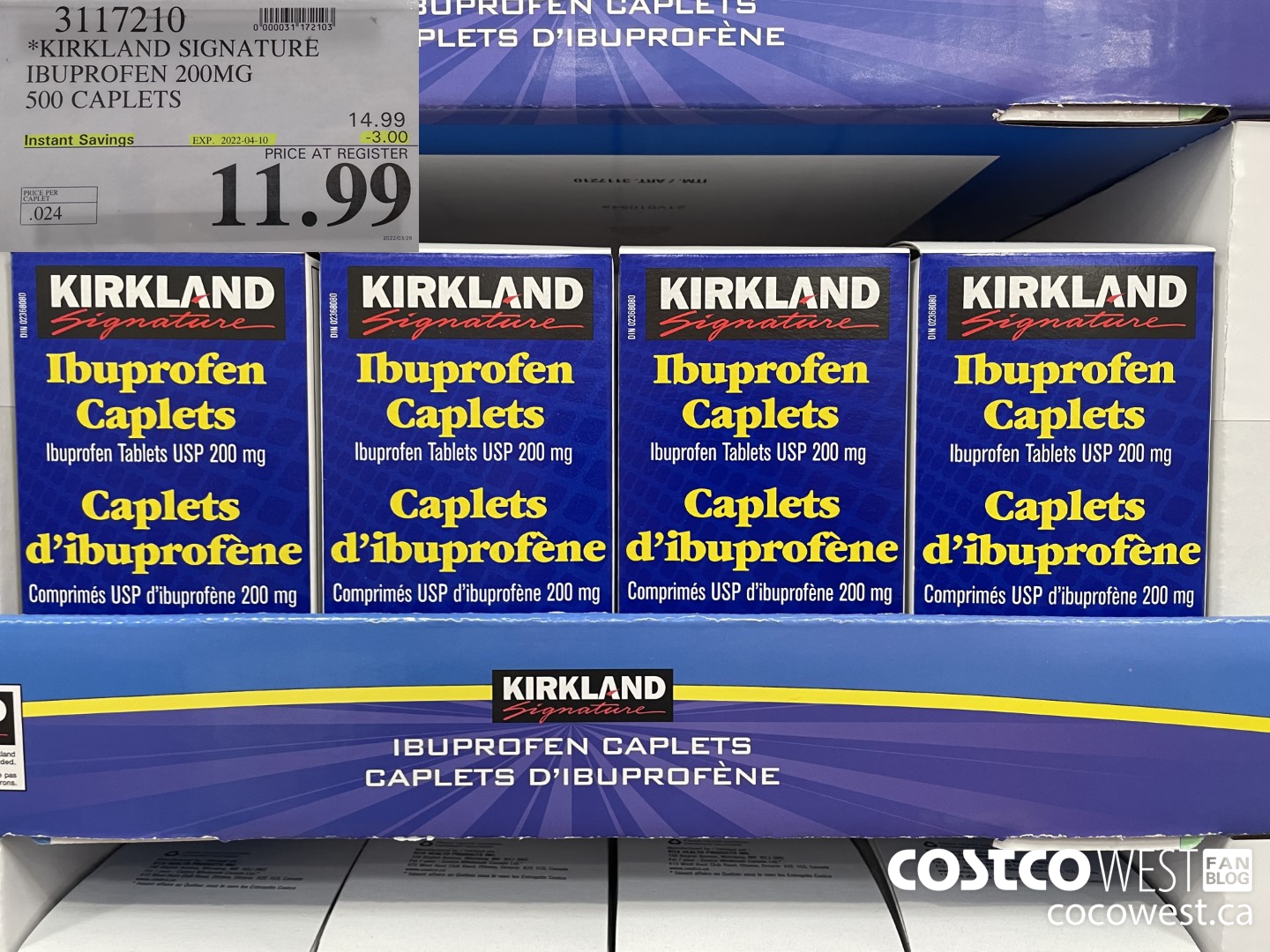3117210 KIRKLAND SIGNATURE IBUPROFEN 200MG 500 CAPLETS ($3.00 INSTANT SAVINGS EXPIRES ON 2022-04-10) $11.99