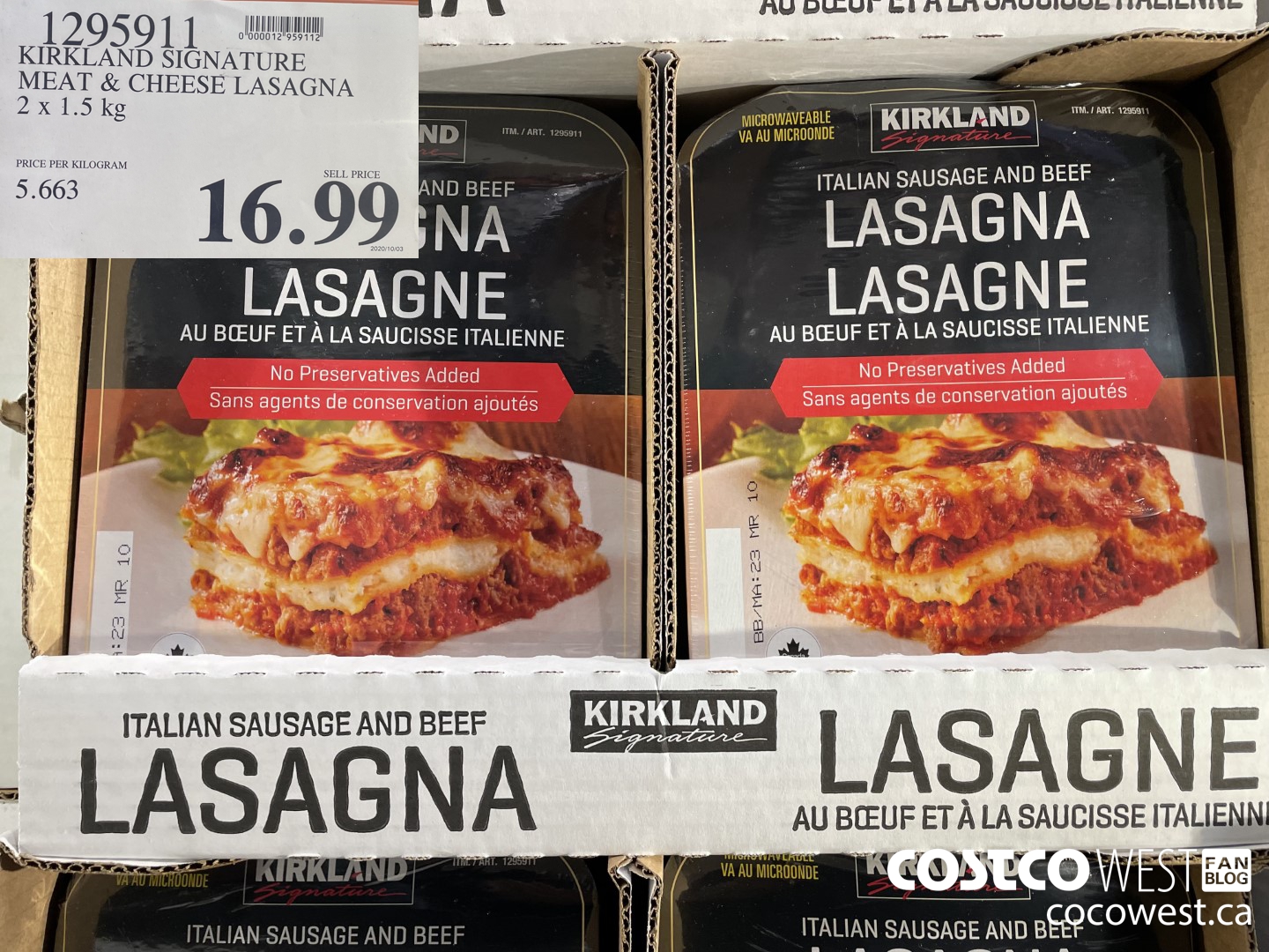 1295911 KIRKLAND SIGNATURE MEAT & CHEESE LASAGNA 2 X 1.5KG $16.99