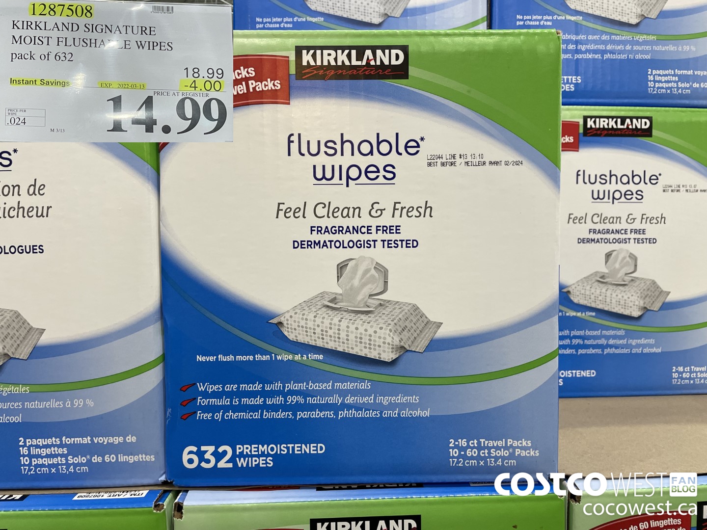 1287508 KIRKLAND SIGNATURE MOIST FLUSHABLE WIPES pack of 632 ($4.00 INSTANT SAVINGS EXPIRES ON 2022-03-13) $14.99