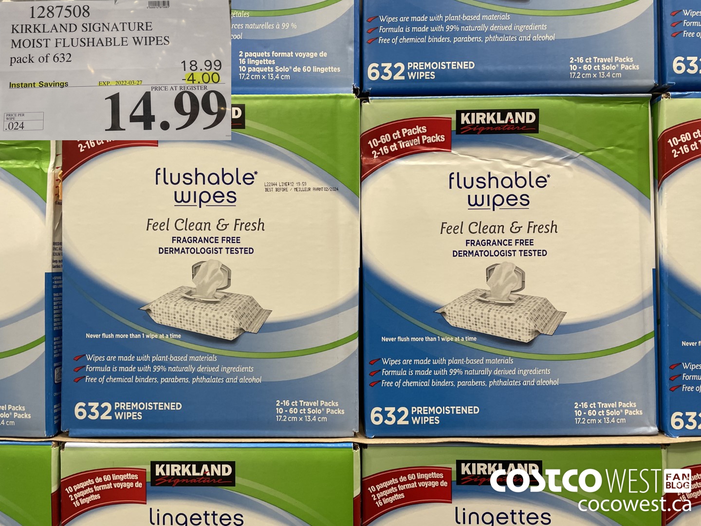 1287508 KIRKLAND SIGNATURE MOIST FLUSHABLE WIPES pack of 632 ($4.00 INSTANT SAVINGS EXPIRES ON 2022-03-27) $14.99