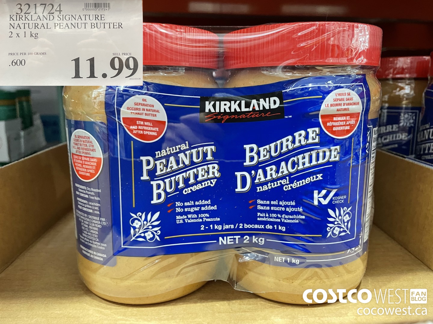321724 KIRKLAND SIGNATURE NATURAL PEANUT BUTTER 2 x 1 kg $11.99