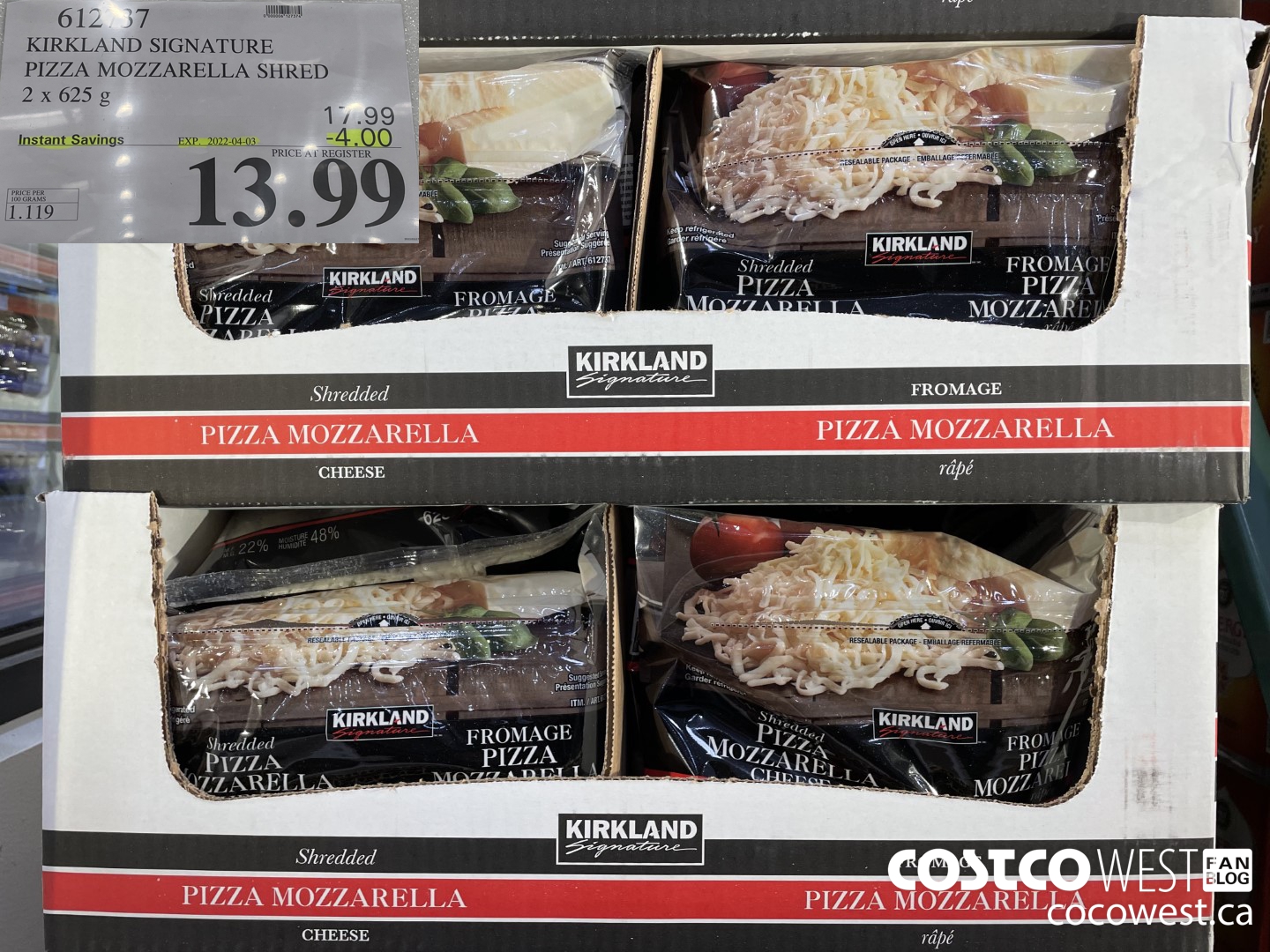 612737 KIRKLAND SIGNATURE PIZZA MOZZARELLA SHRED 2 X 625 G ($4.00 INSTANT SAVINGS EXPIRES ON 2022-04-03) $13.99