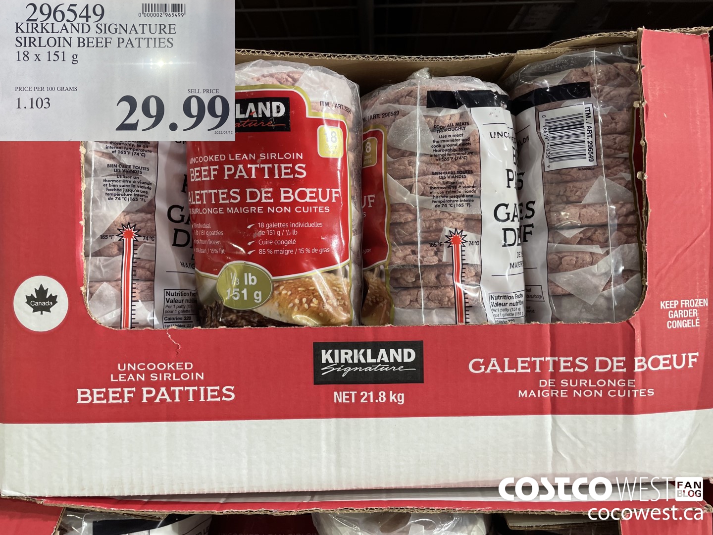 296549 KIRKLAND SIGNATURE SIRLOIN BEEF PATTIES 18 x 151 g $29.99